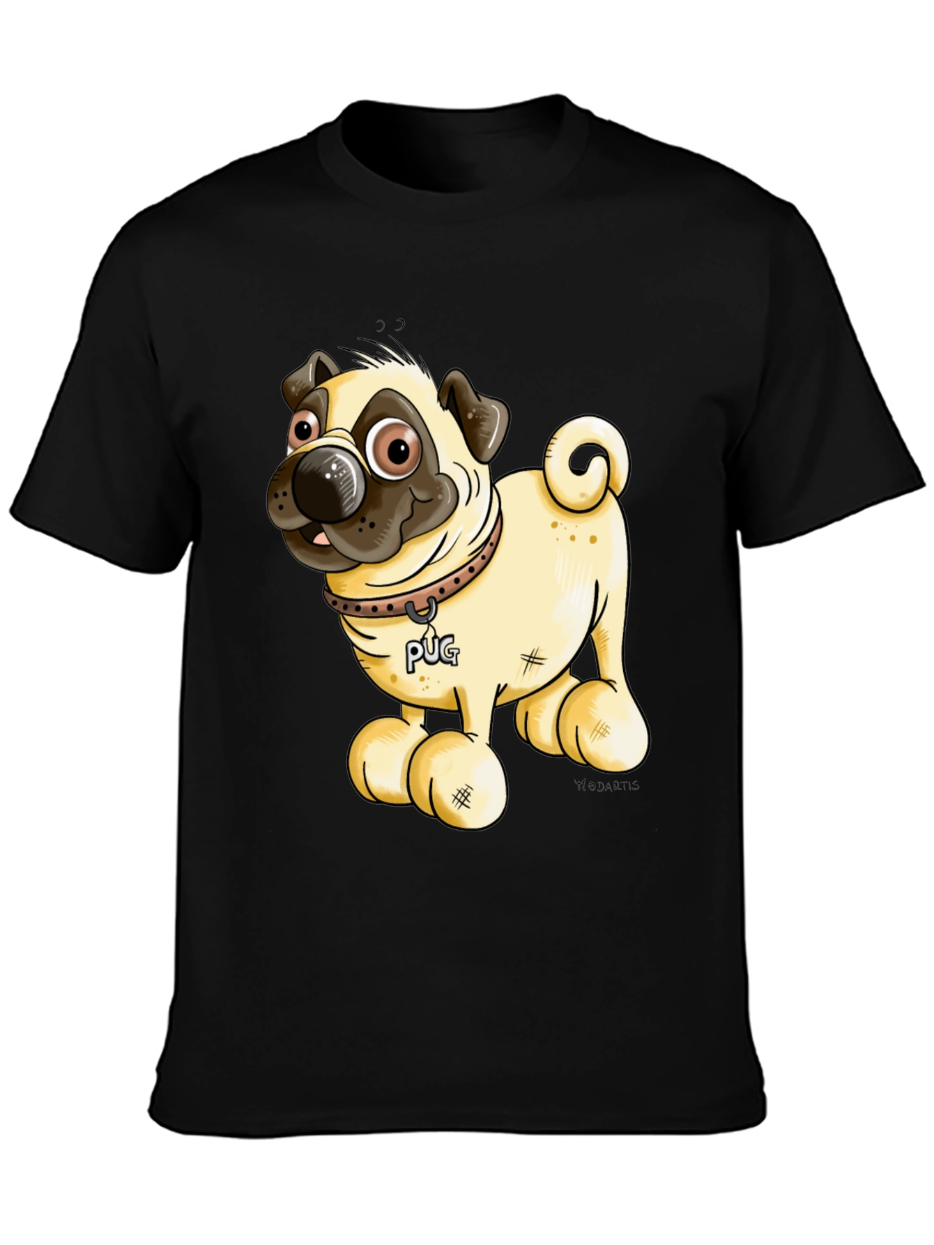 Black Pug Cartoon Black T-Shirt view 3