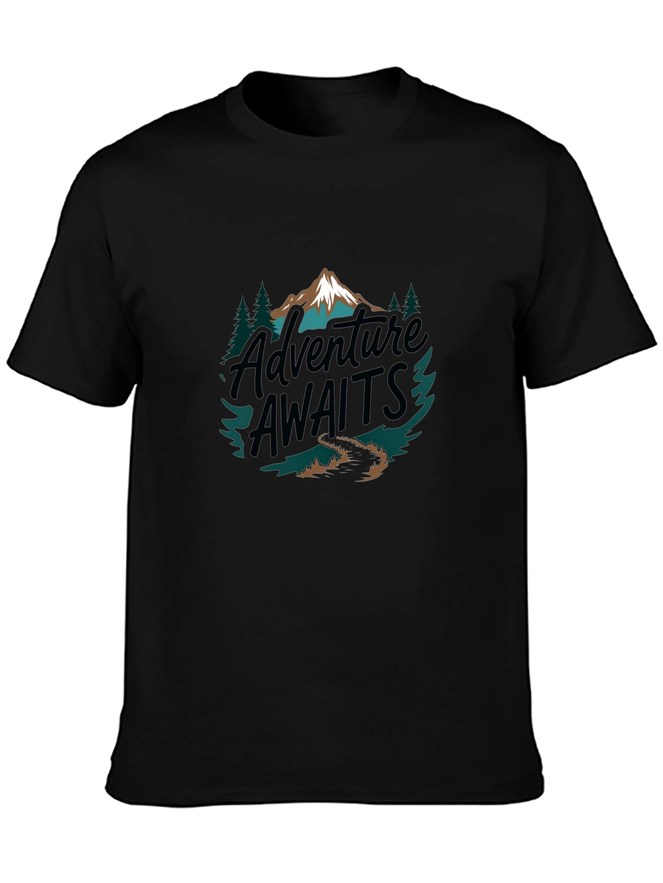 Black Adventure Awaits Graphic Tee - Mountain Design view 3