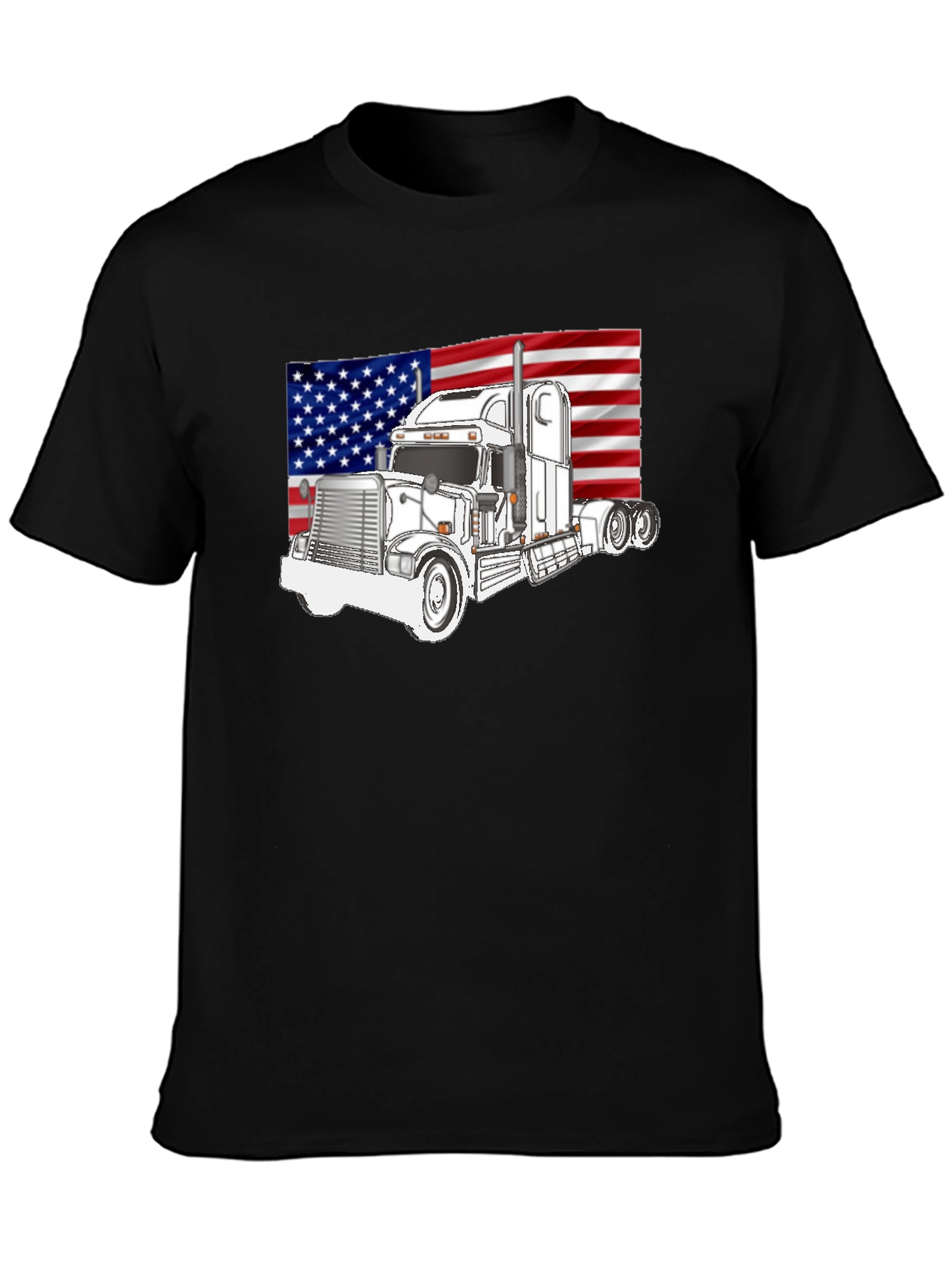Black Trucker Pride Tee: American Flag Semi Truck Graphic T-Shirt view 3