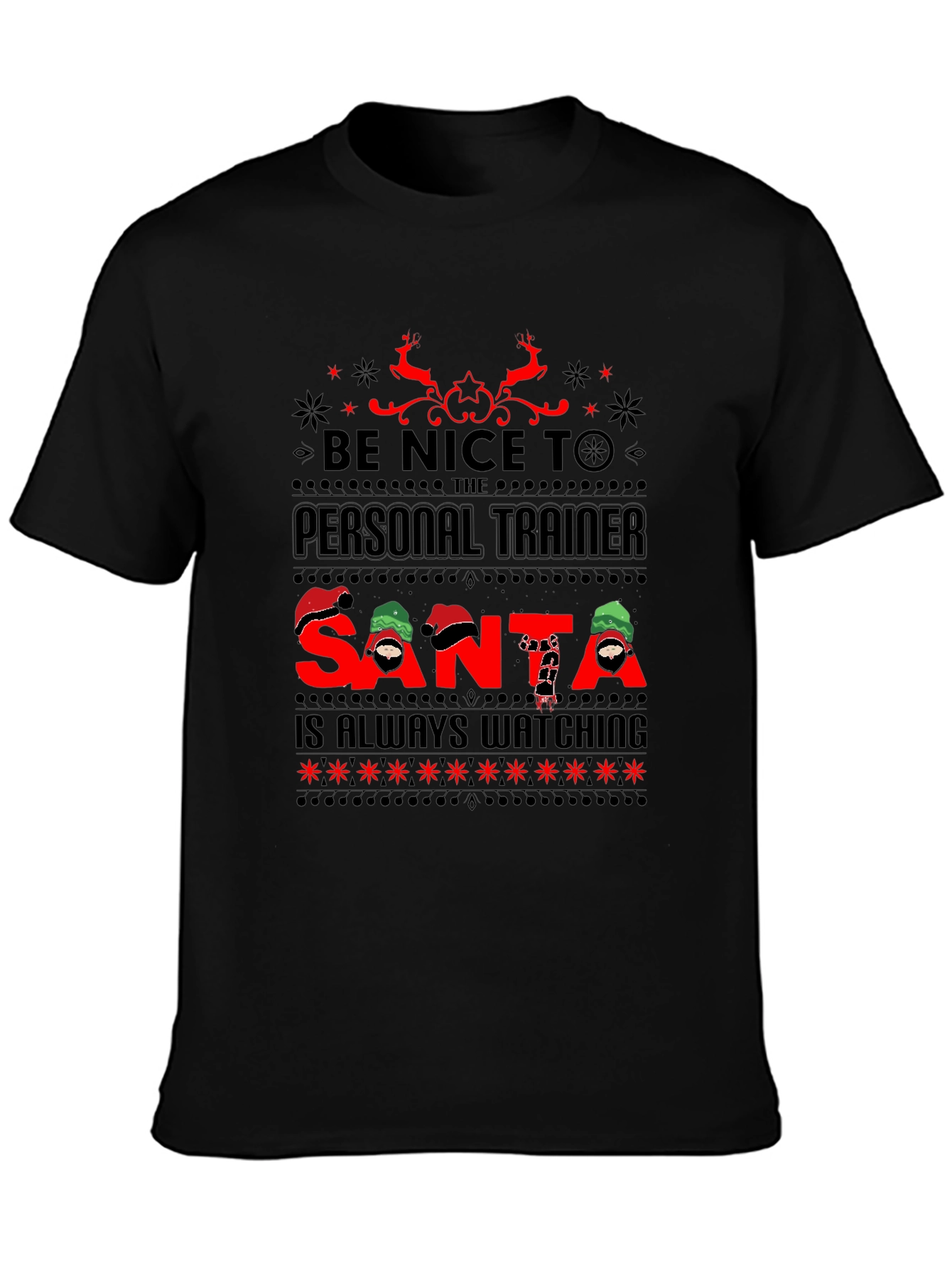 Black Personal Trainer Santa Watching Ugly Christmas T-Shirt view 3