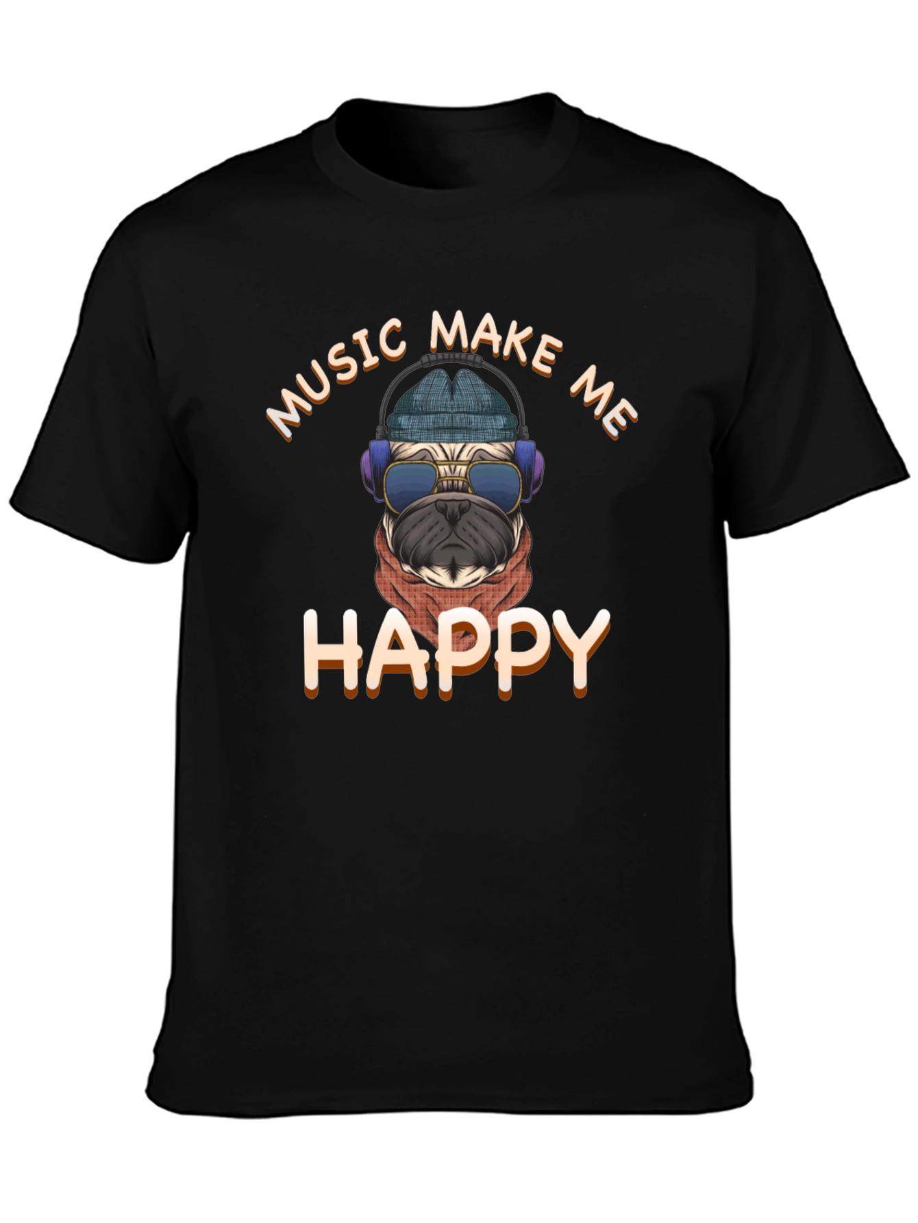 Black Music Make Me Happy Pug Graphic T-Shirt view 3