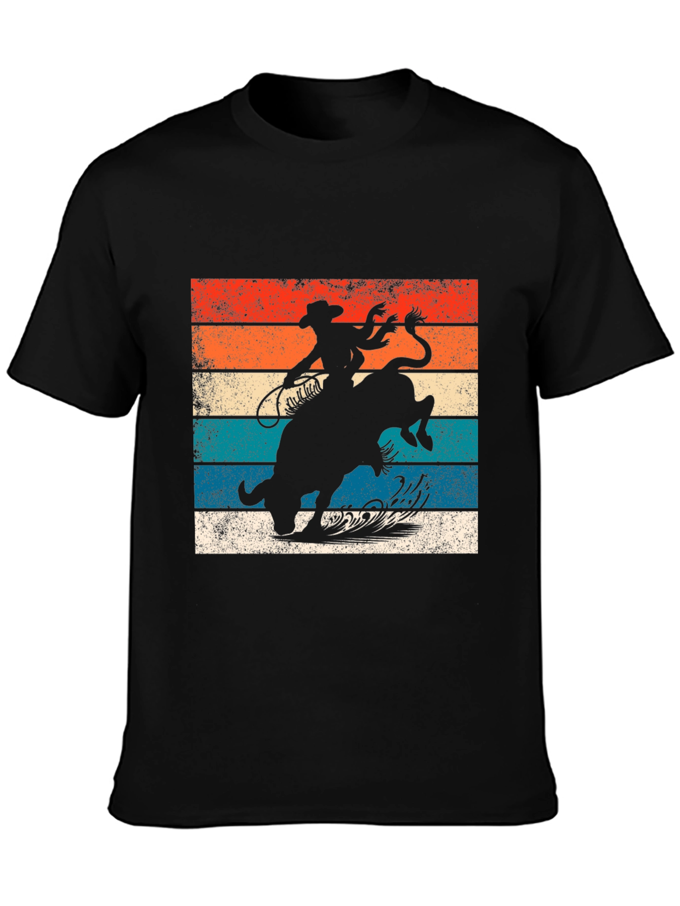 Black Retro Rodeo T-Shirt - Cowboy Riding Bull Design view 3