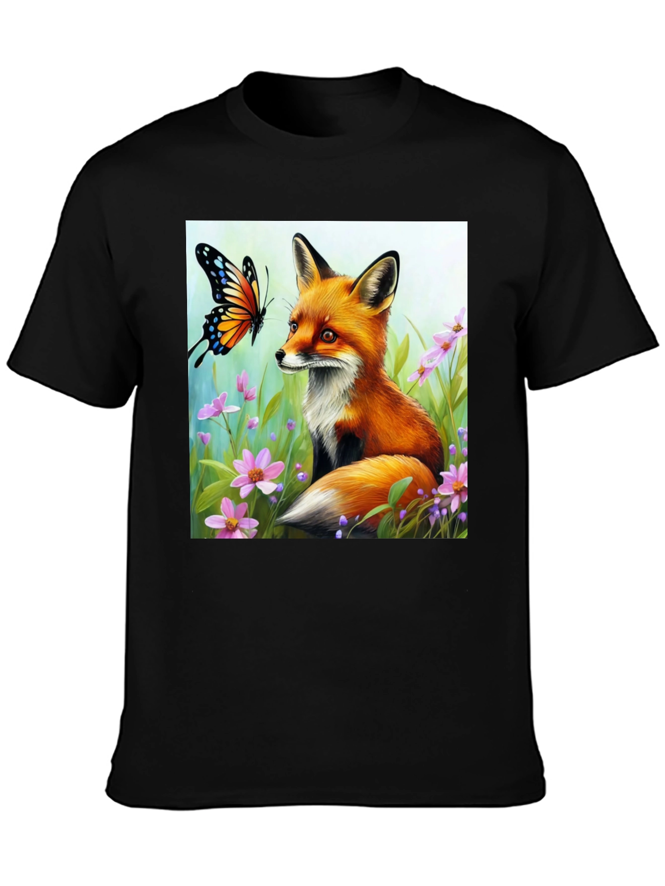 Black Fox & Butterfly Graphic Tee - Nature Lover's Shirt view 3