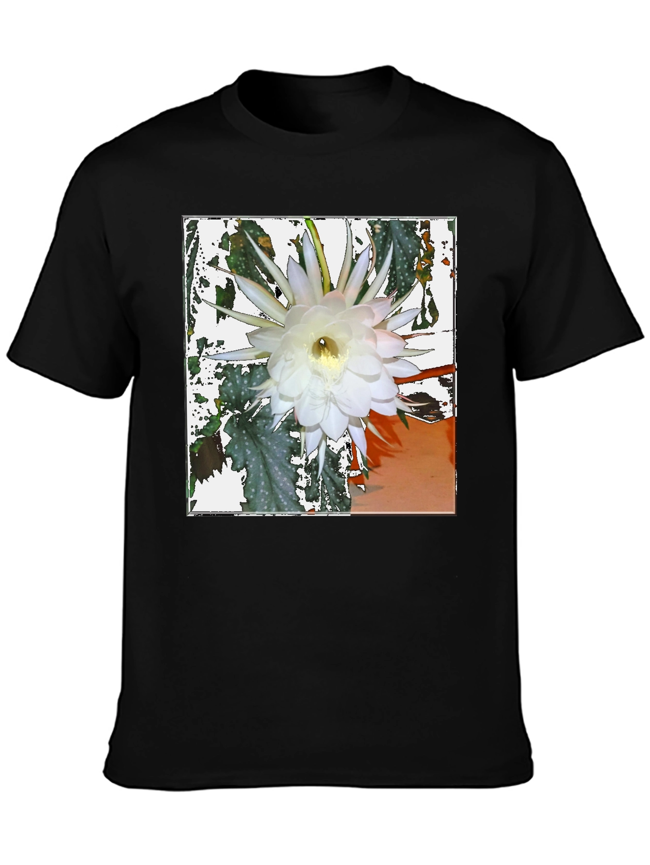 Black Floral Print Tee - Night Blooming Cereus Design view 3