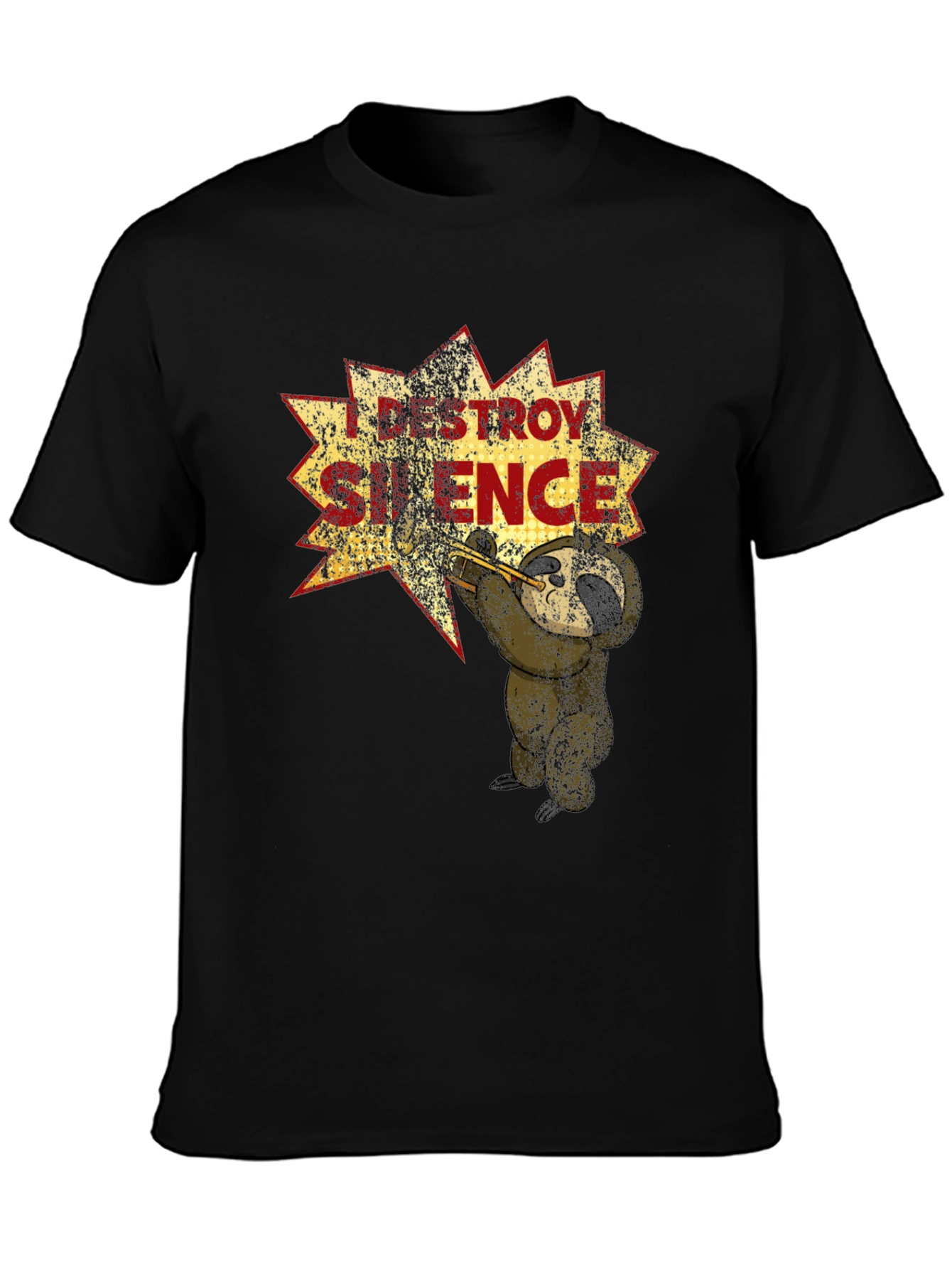 Black I Destroy Silence T-Shirt Funny Sloth Trumpet Tee view 3