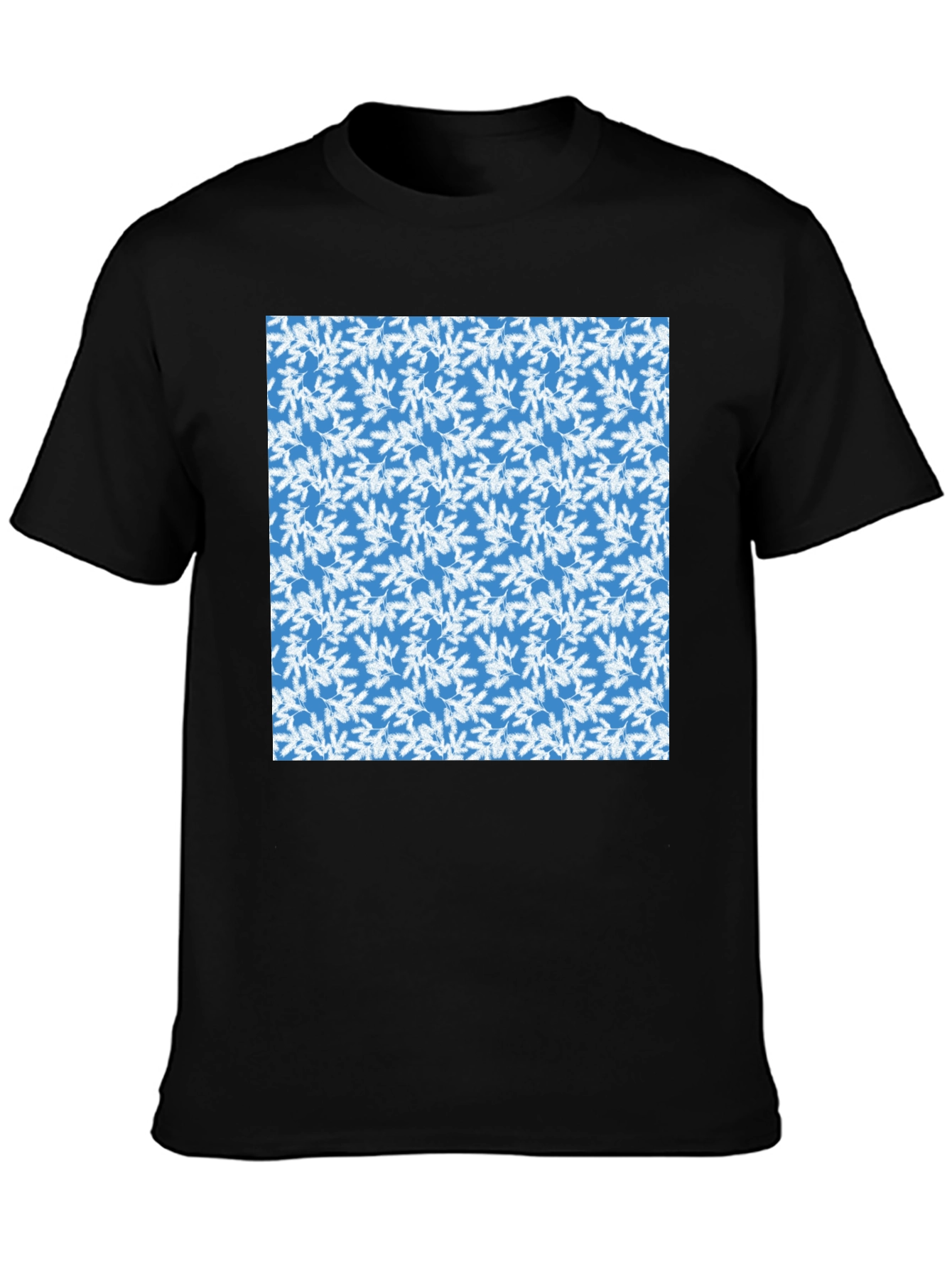 Black Blue & White Leaf Pattern Men's Crew Neck T-Shirt view 3