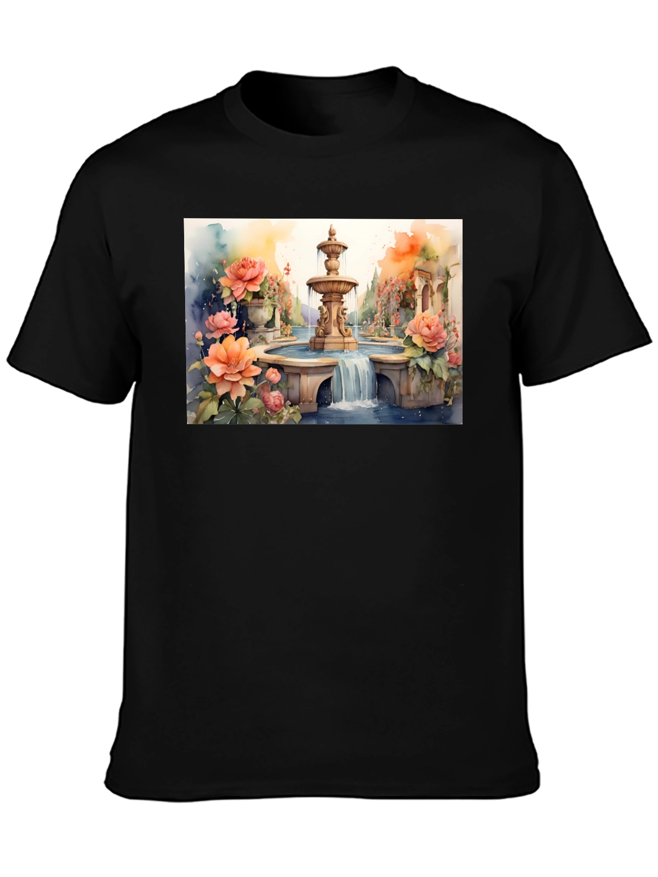 Black Floral Fountain Watercolor Art T-Shirt view 3