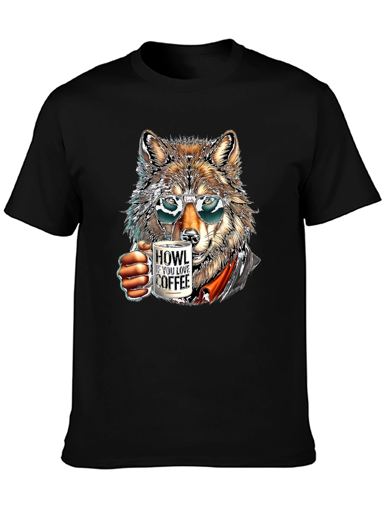 Black Cool Wolf Coffee Lover T-Shirt view 3