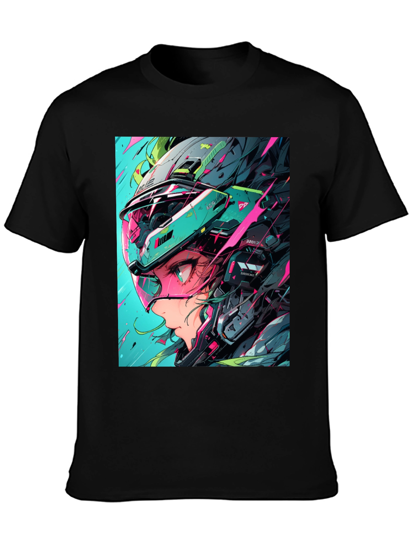 Black Cyberpunk Girl Helmet Graphic Tee view 3