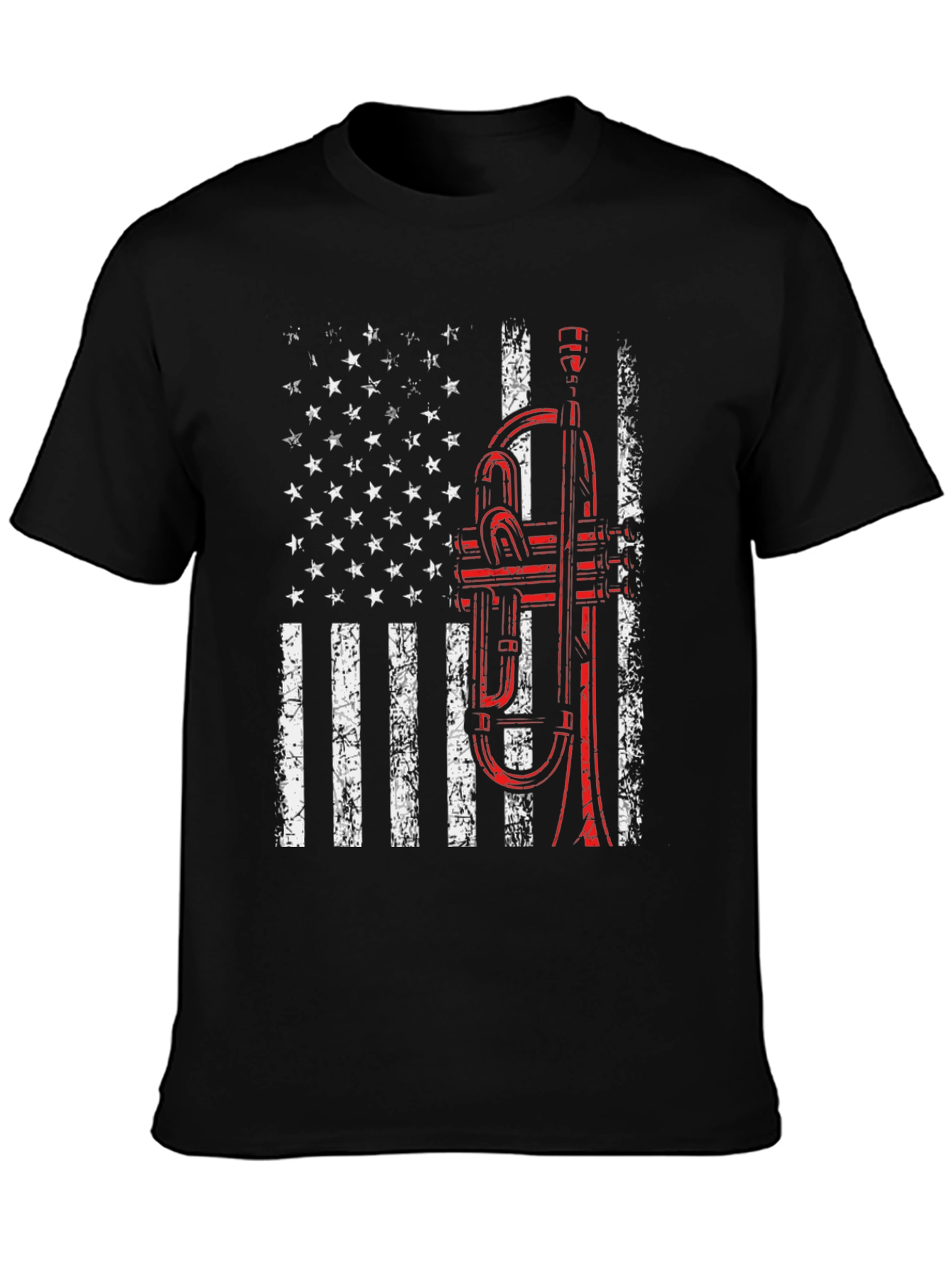 Black American Flag Trumpet T-Shirt view 3