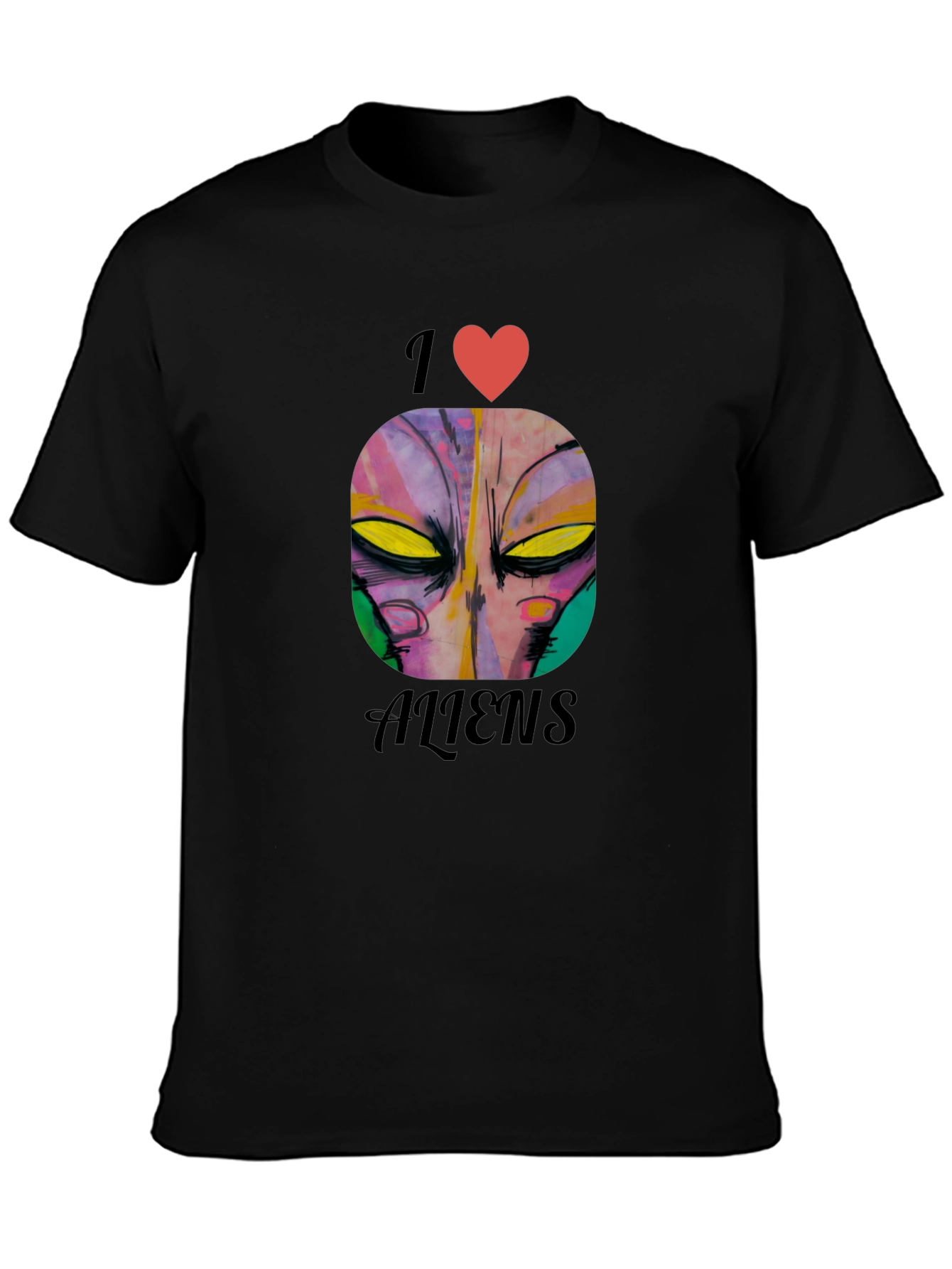 Black I Heart Aliens Graphic Tee - Black Cotton Casual T-Shirt view 3