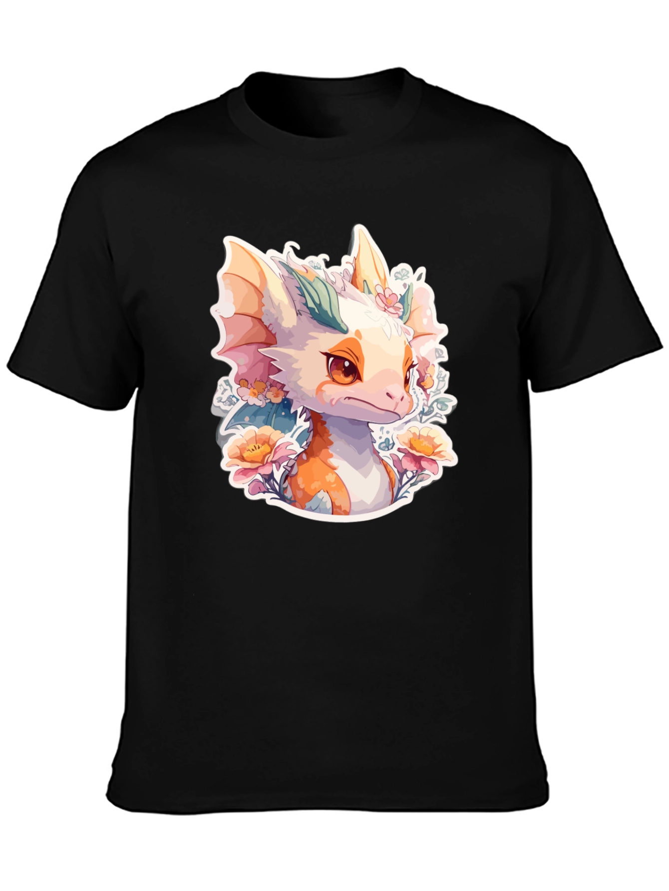 Black Dragon Floral T-Shirt: Cute Fantasy Creature Tee view 3