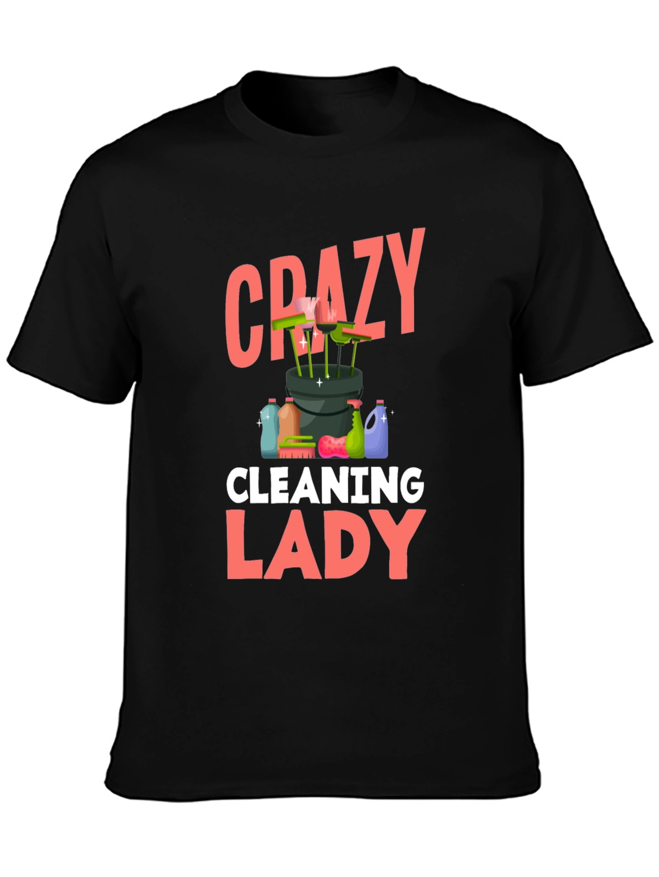 Black Crazy Cleaning Lady T-Shirt - Black Cotton view 3