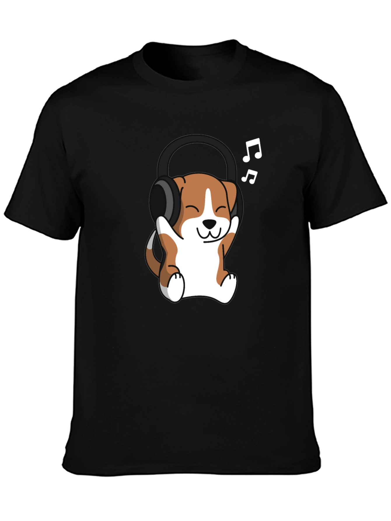Black Cute Dog with Headphones Black T-Shirt view 3