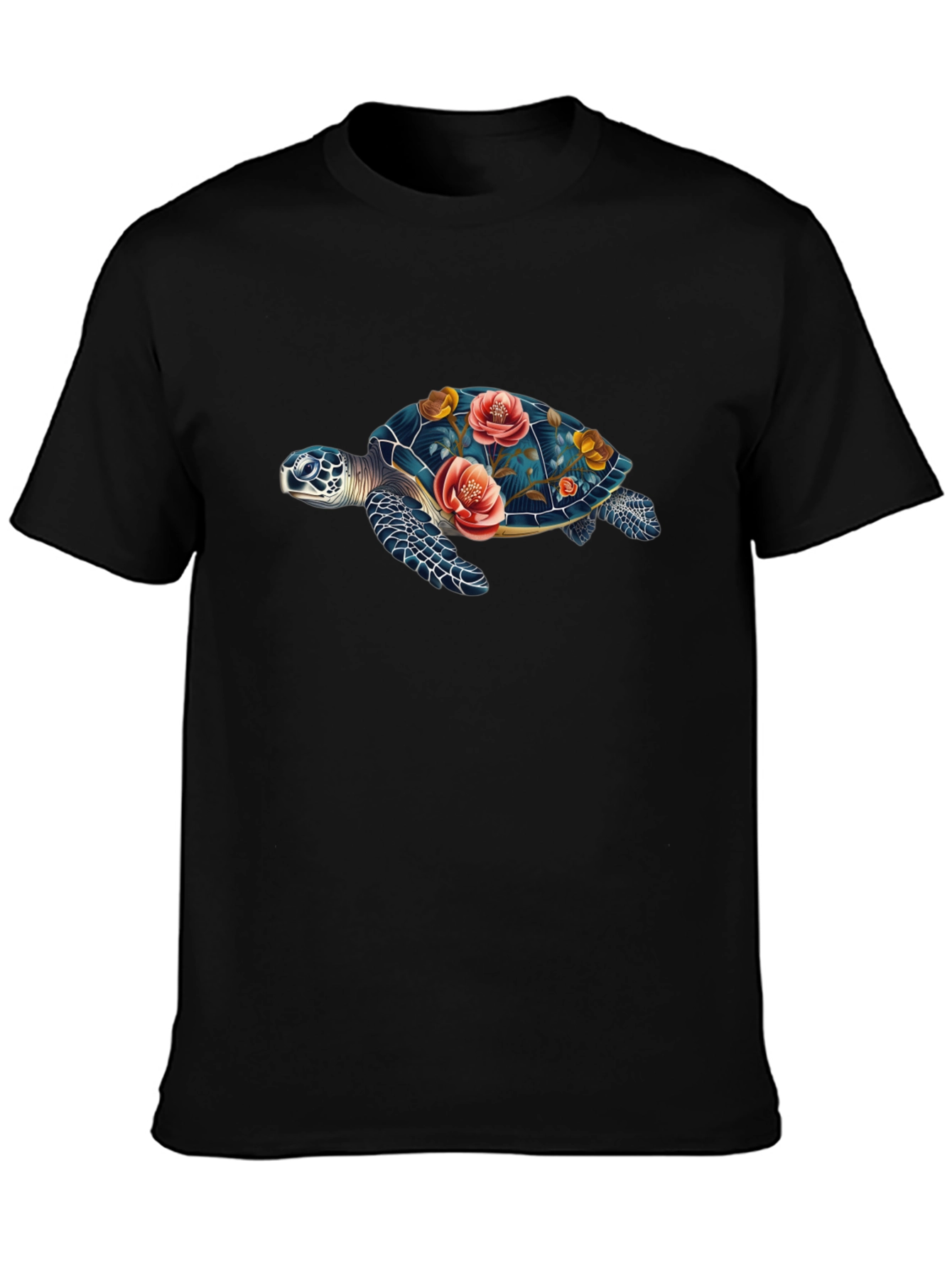 Black Floral Turtle Graphic Tee - Black Cotton Casual T-Shirt view 3