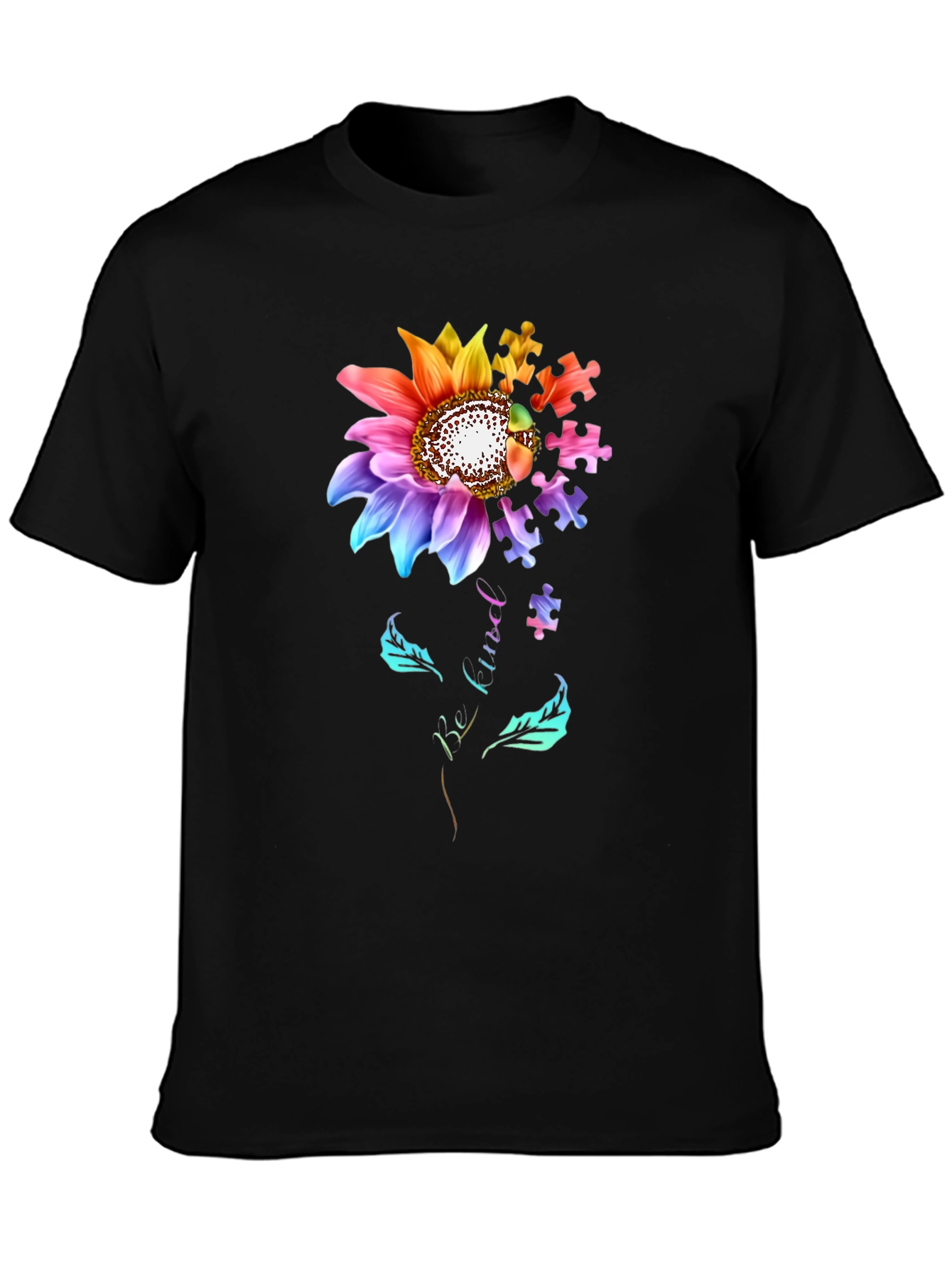 Black Autism Awareness Sunflower Puzzle Piece T-Shirt view 3