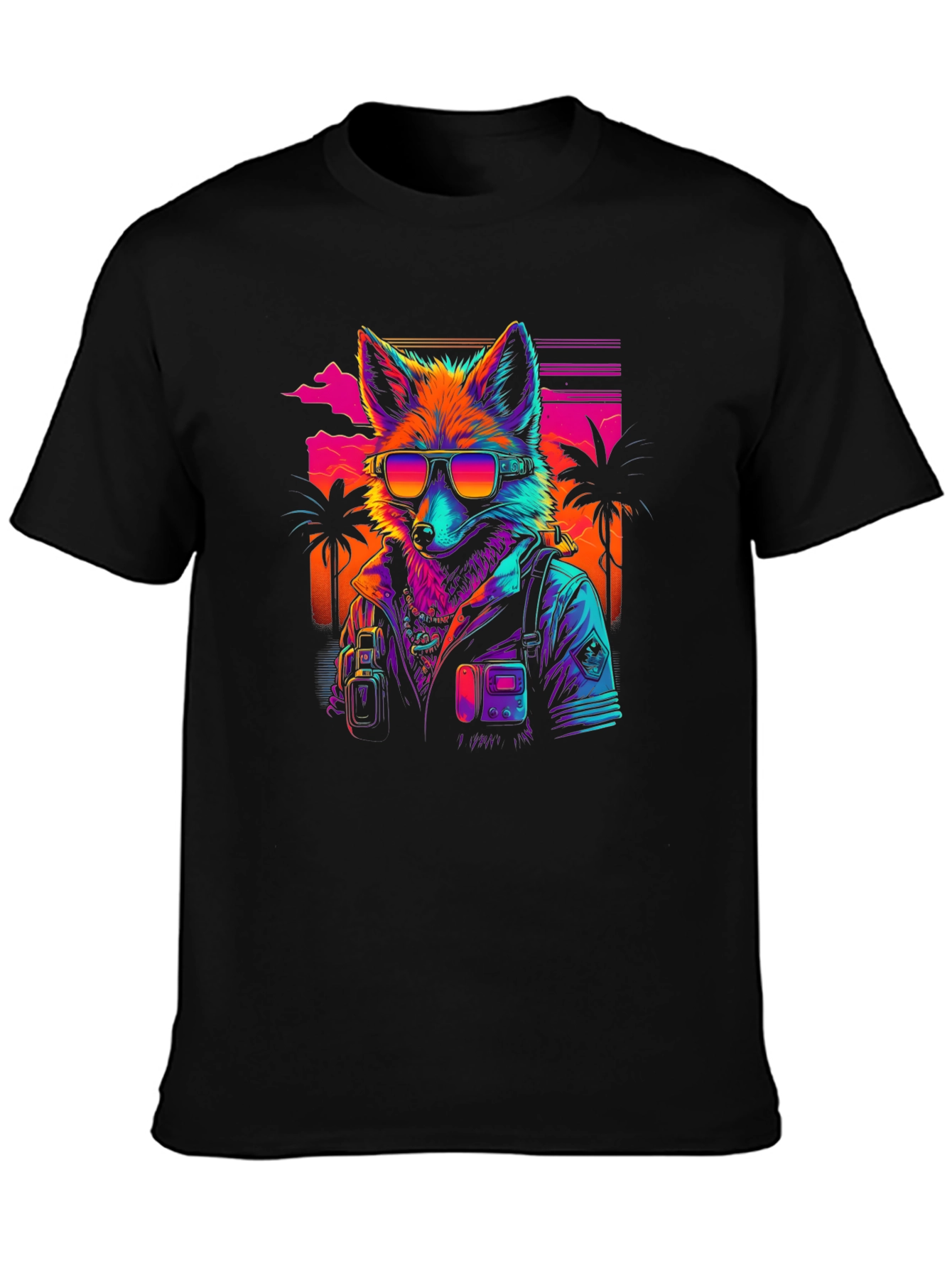 Black Retro Fox T-Shirt - Synthwave Style view 3