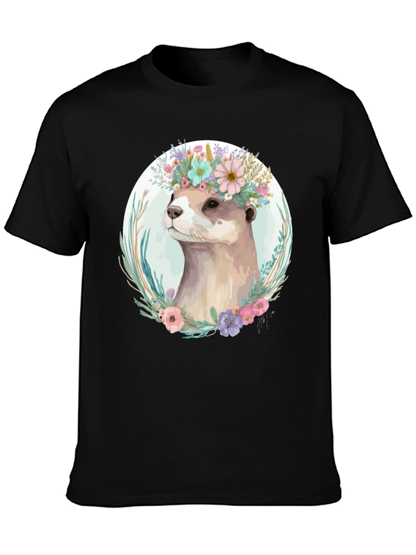 Black Otter Floral Crown T-Shirt - Stylish Animal Tee view 3
