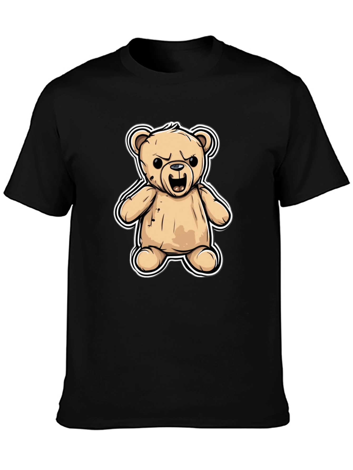Black Men's Black T-Shirt with Cartoon Angry Teddy Bear Design view 3
