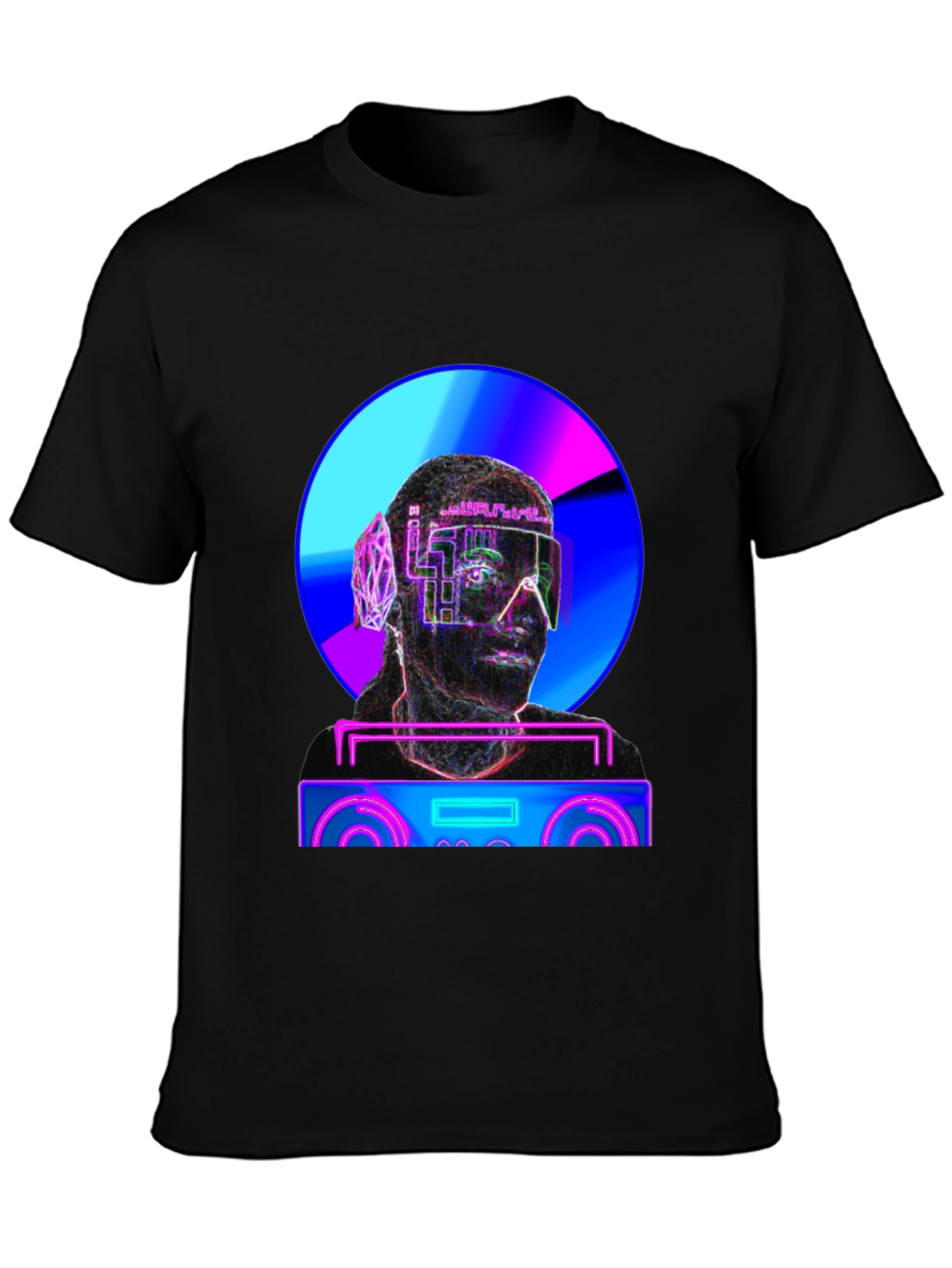 Black Cyberpunk DJ T-Shirt - Futuristic Neon Design view 3