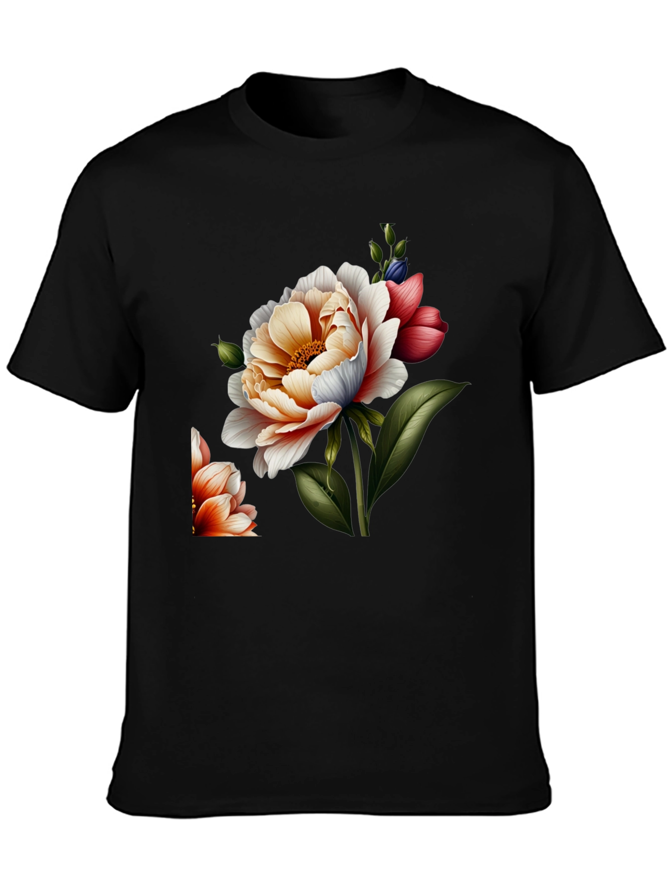 Black Floral Graphic Print Crew Neck Tee - Black view 3