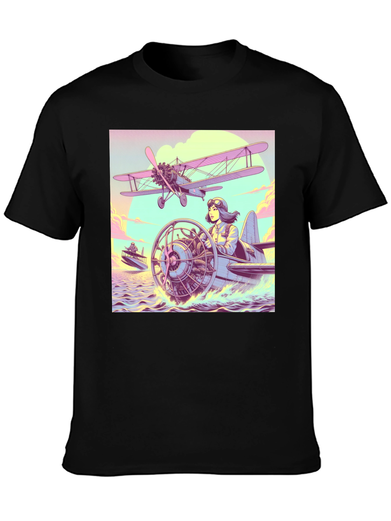 Black Retro Aviation T-Shirt - Pilot in Seaplane Design view 3