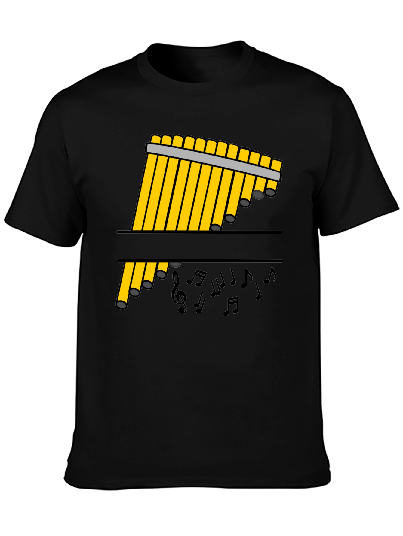 Black Pan Flute Music Notes Black Graphic Tee view 3