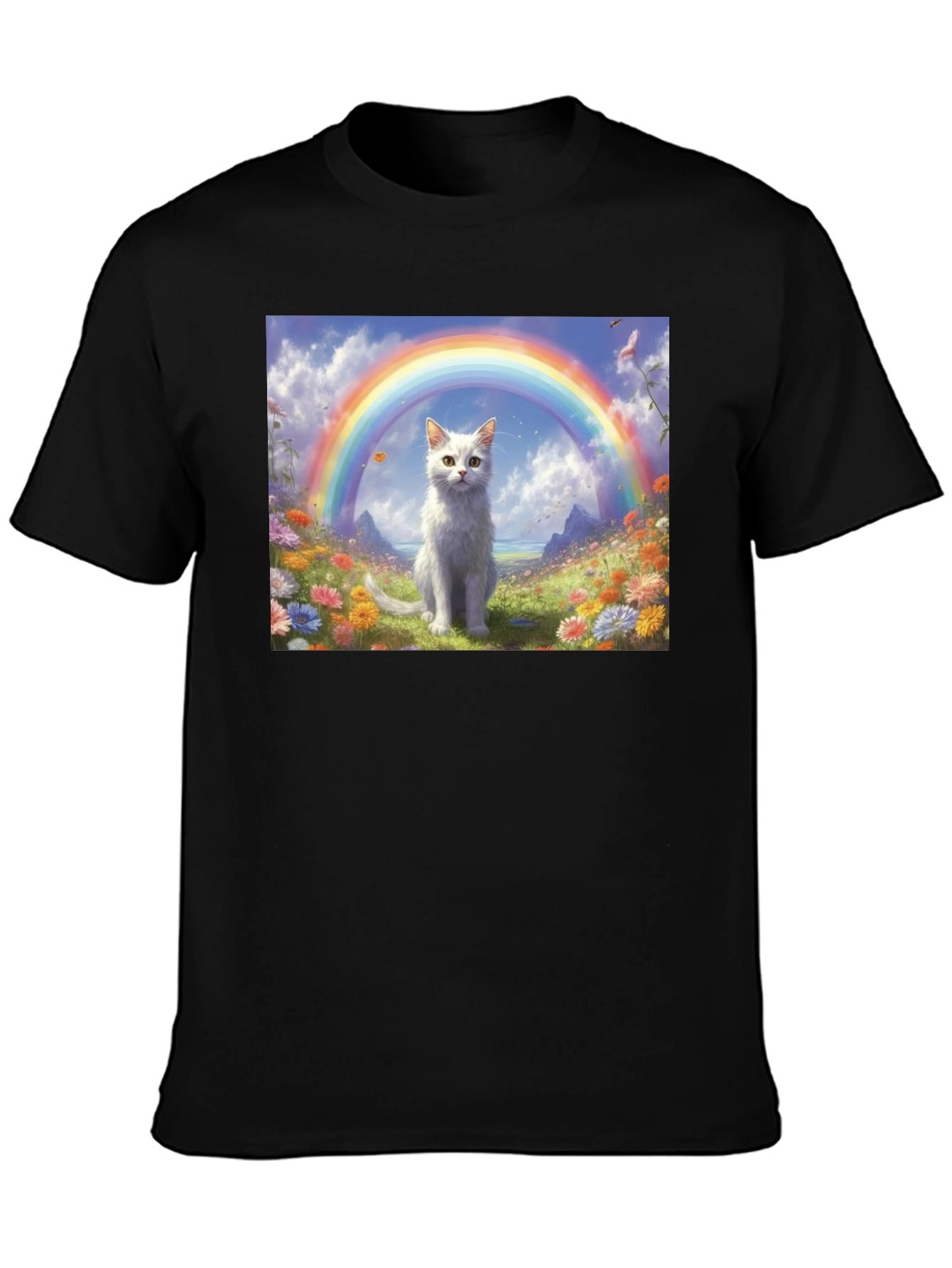 Black Cat Rainbow Field T-Shirt - Unique Design view 3