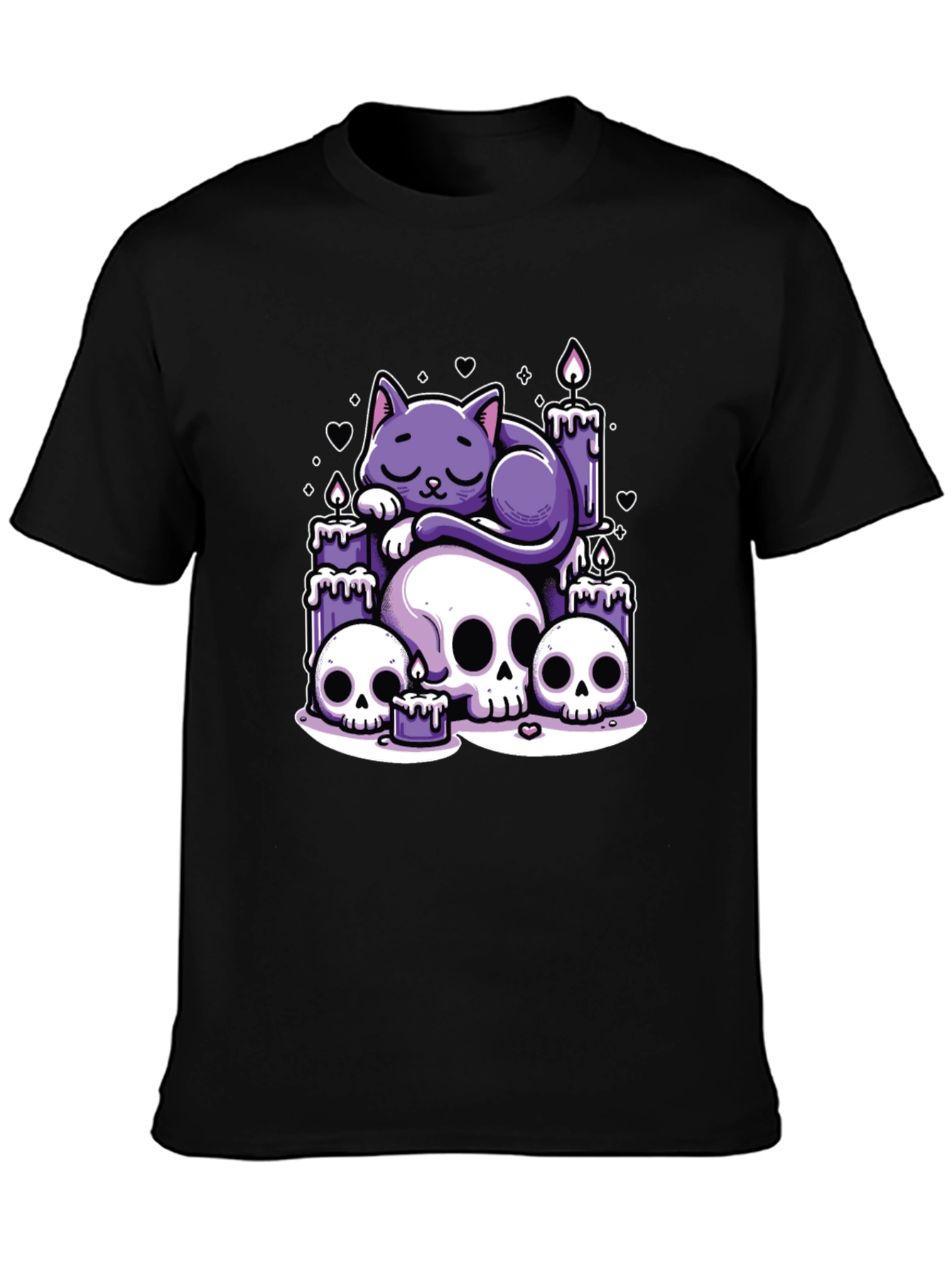 Black Gothic Cat Skull Candle Graphic Tee view 3