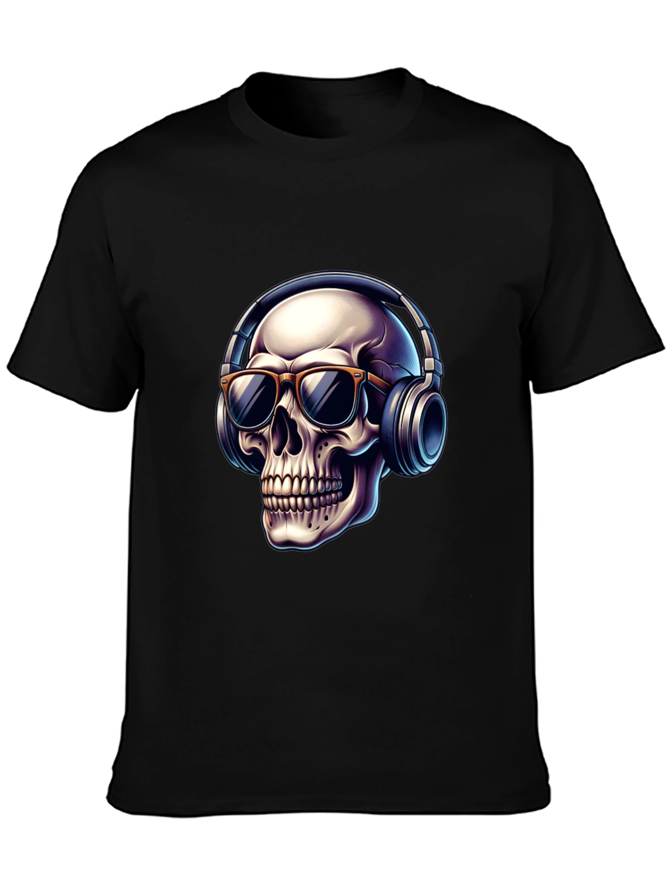Black Skull with Headphones Graphic T-Shirt - Cool Design view 3