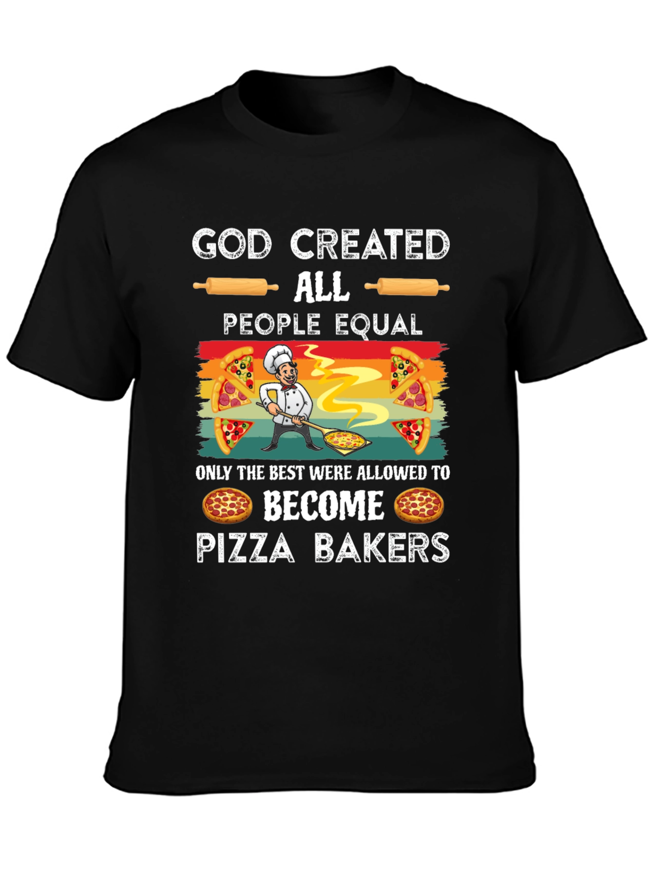 Black God Created Pizza Bakers Funny T-Shirt view 3