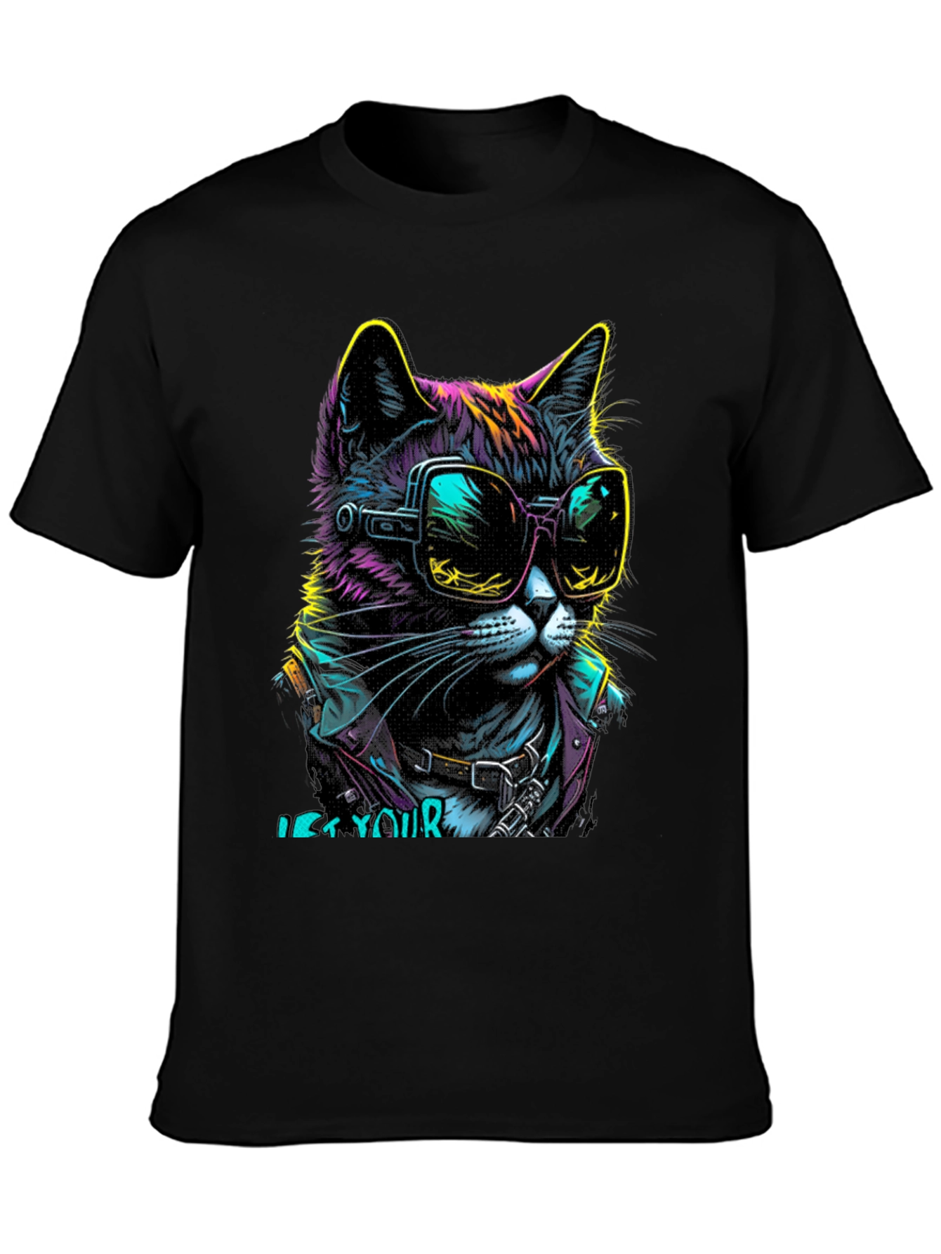 Black Cool Cat Graphic T-Shirt - Unique Neon Design view 3