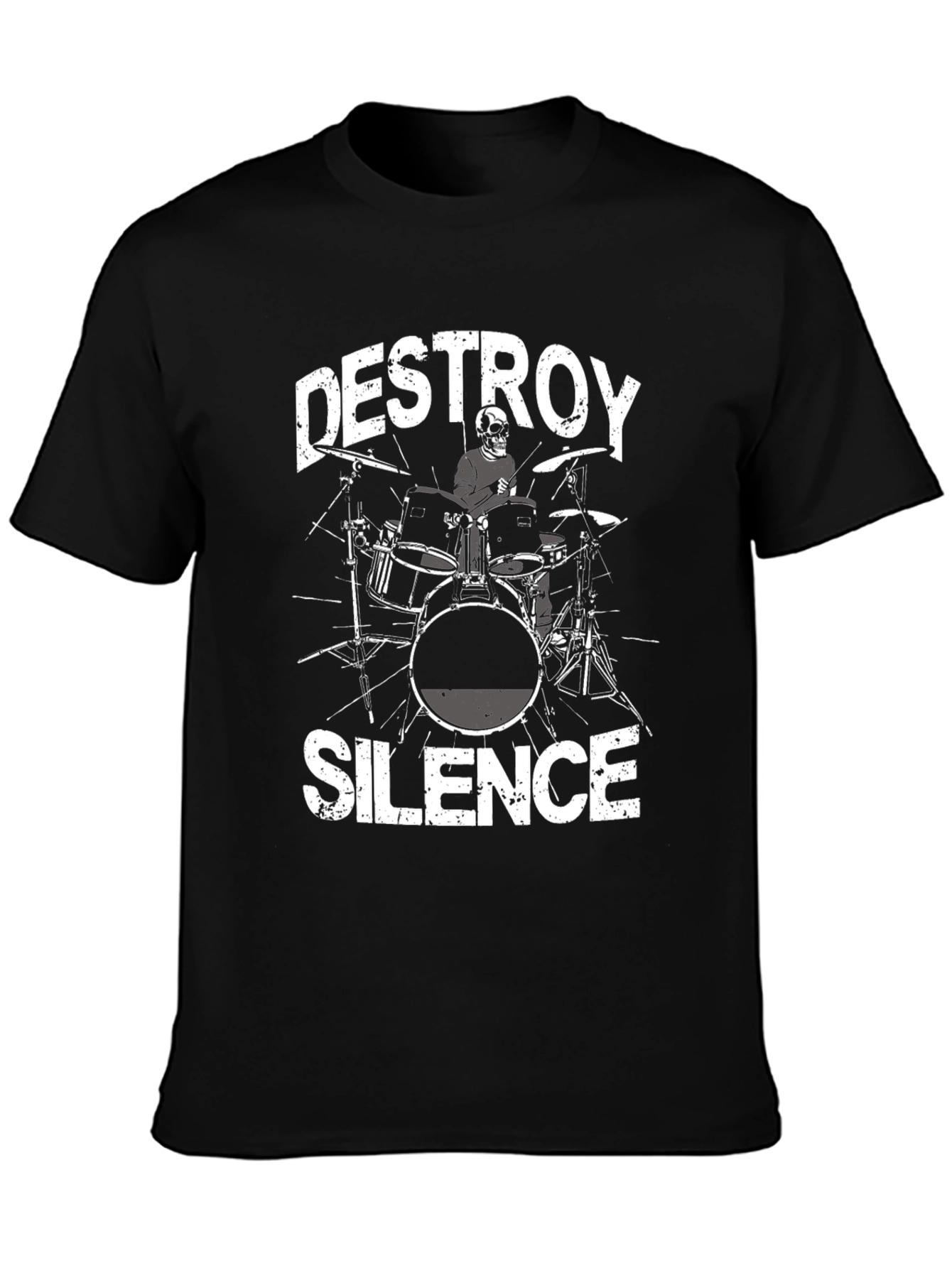 Black Destroy Silence T-Shirt: Drummer Skeleton Tee view 3