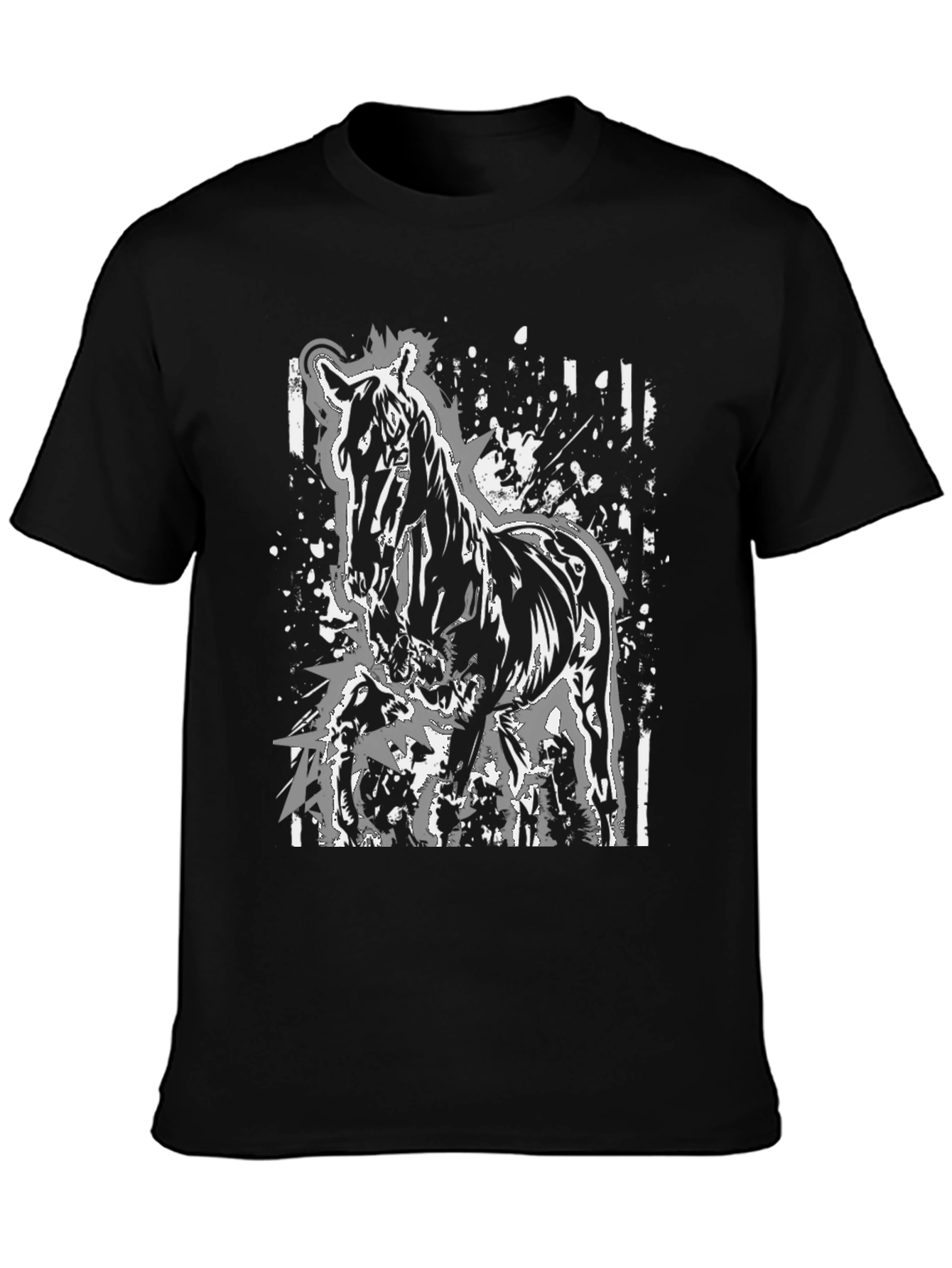 Black Horse Graphic Print Tee - Black Cotton Casual Shirt view 3
