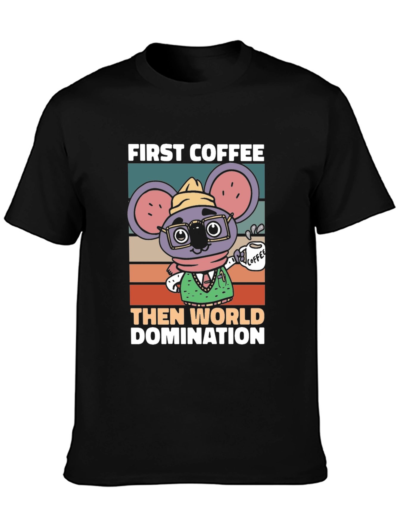 Black First Coffee Then World Domination T-Shirt view 3