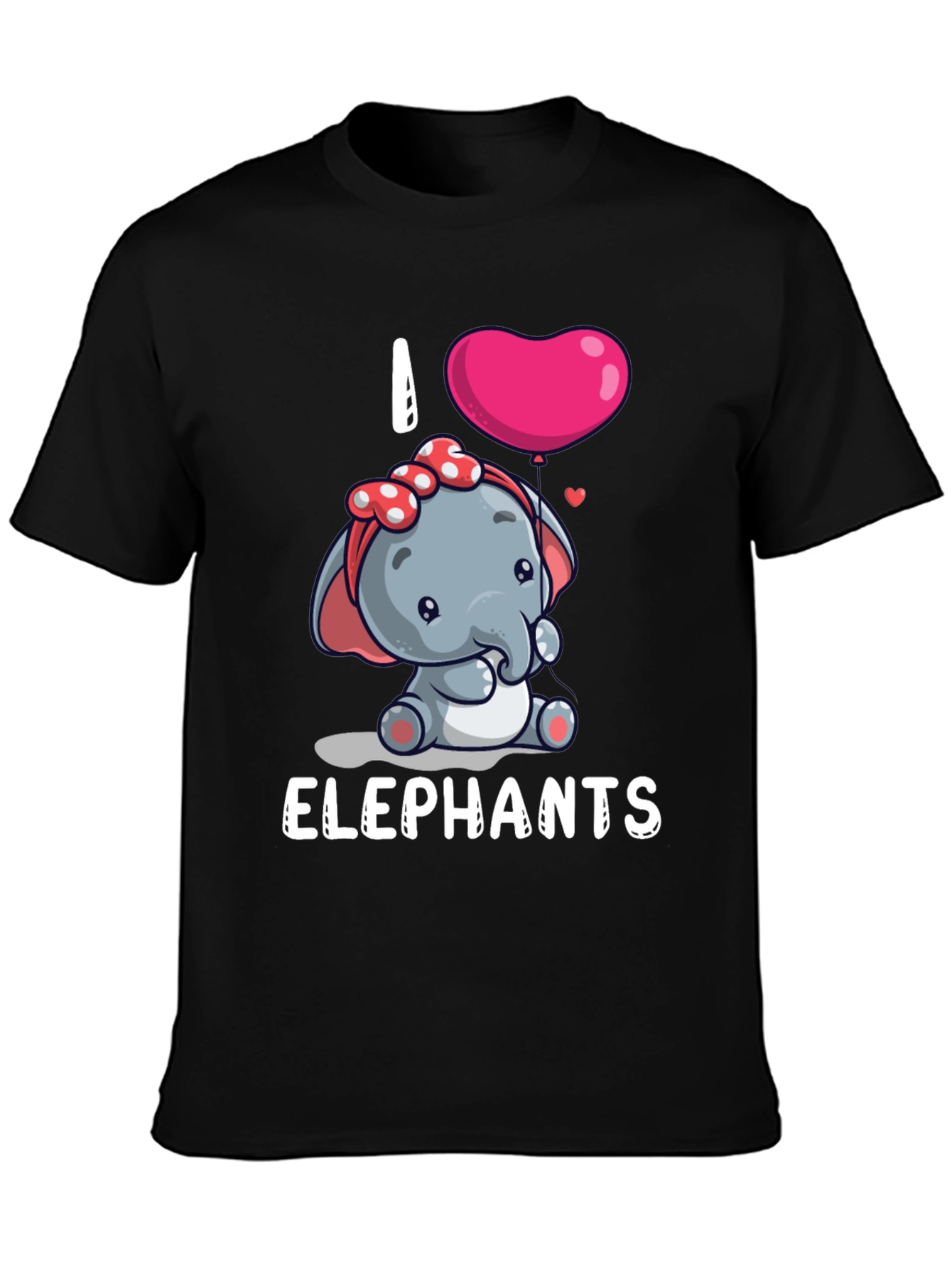 Black I Love Elephants Cartoon T-Shirt view 3
