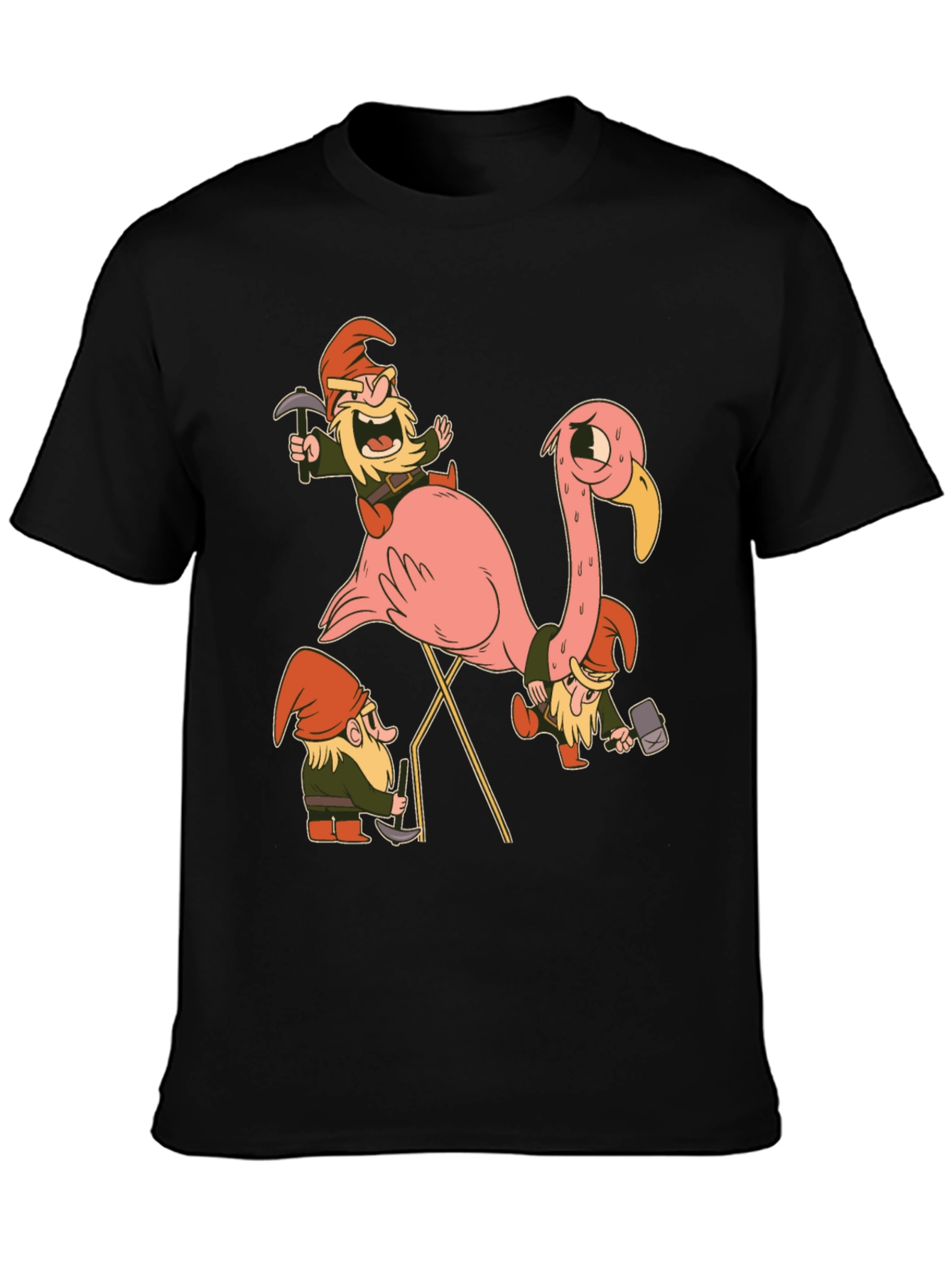 Black Gnomes Riding Flamingo Black T-Shirt view 3