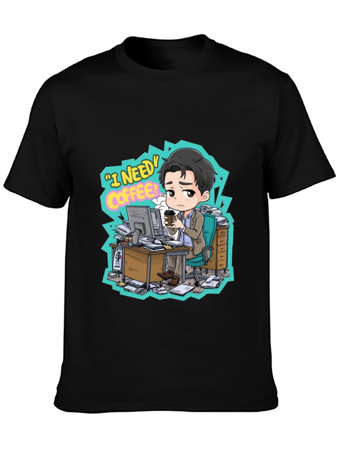 Black I Need Coffee Graphic Tee - Office Humor T-Shirt view 3