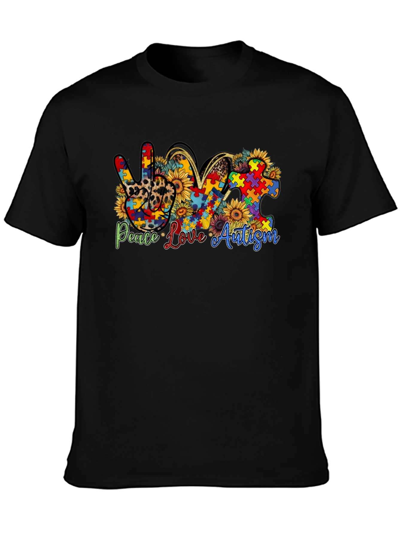 Black Peace Love Autism Awareness T-Shirt view 3