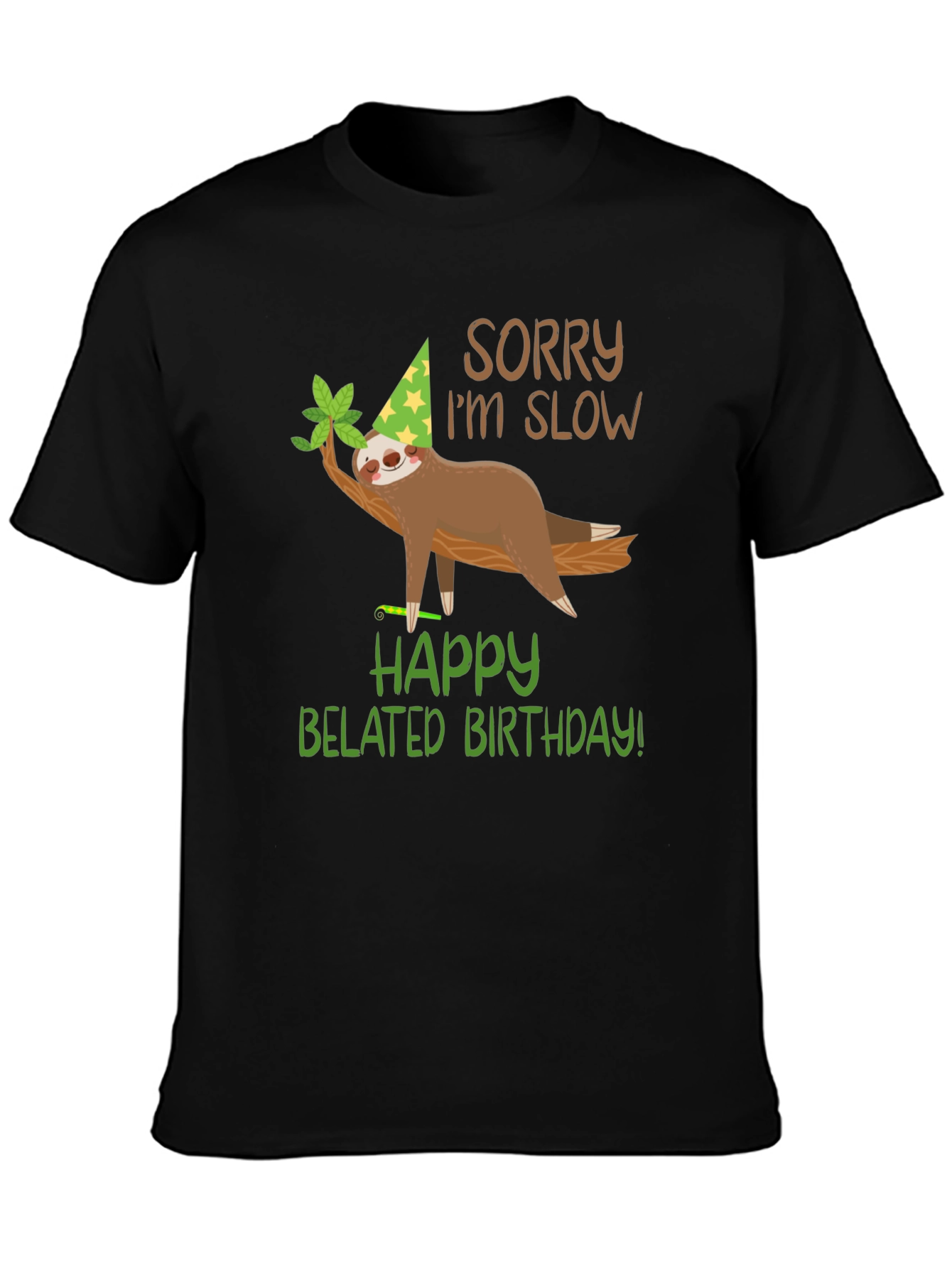 Black Funny Belated Birthday Sloth T-Shirt view 3