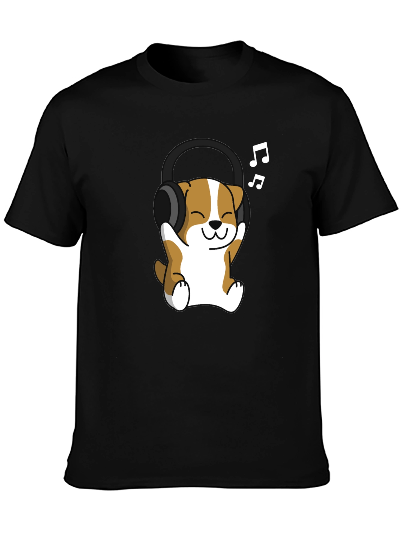 Black Cute Dog with Headphones Black T-Shirt view 3