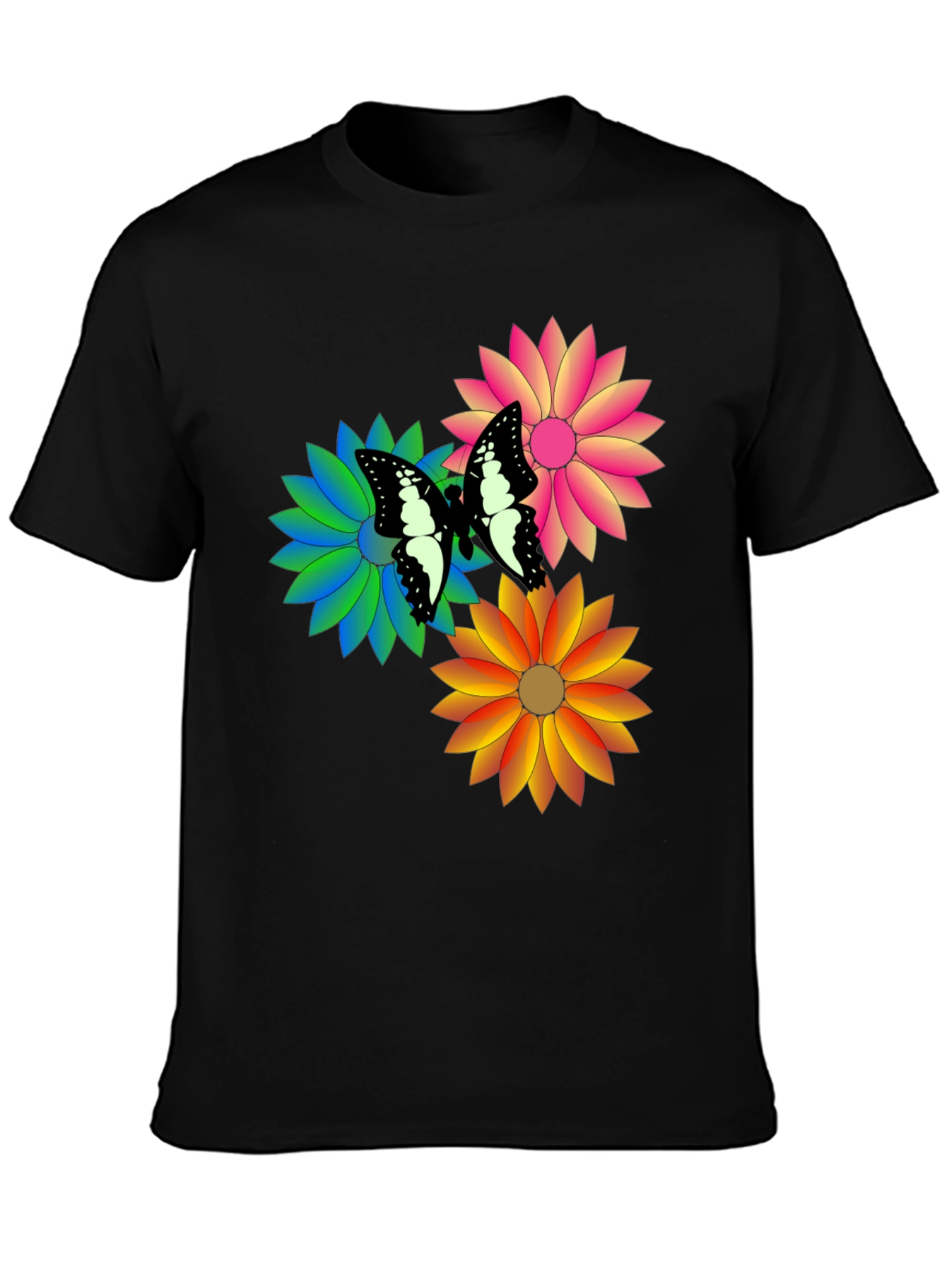 Black Butterfly & Flowers Graphic Print Black T-Shirt view 3