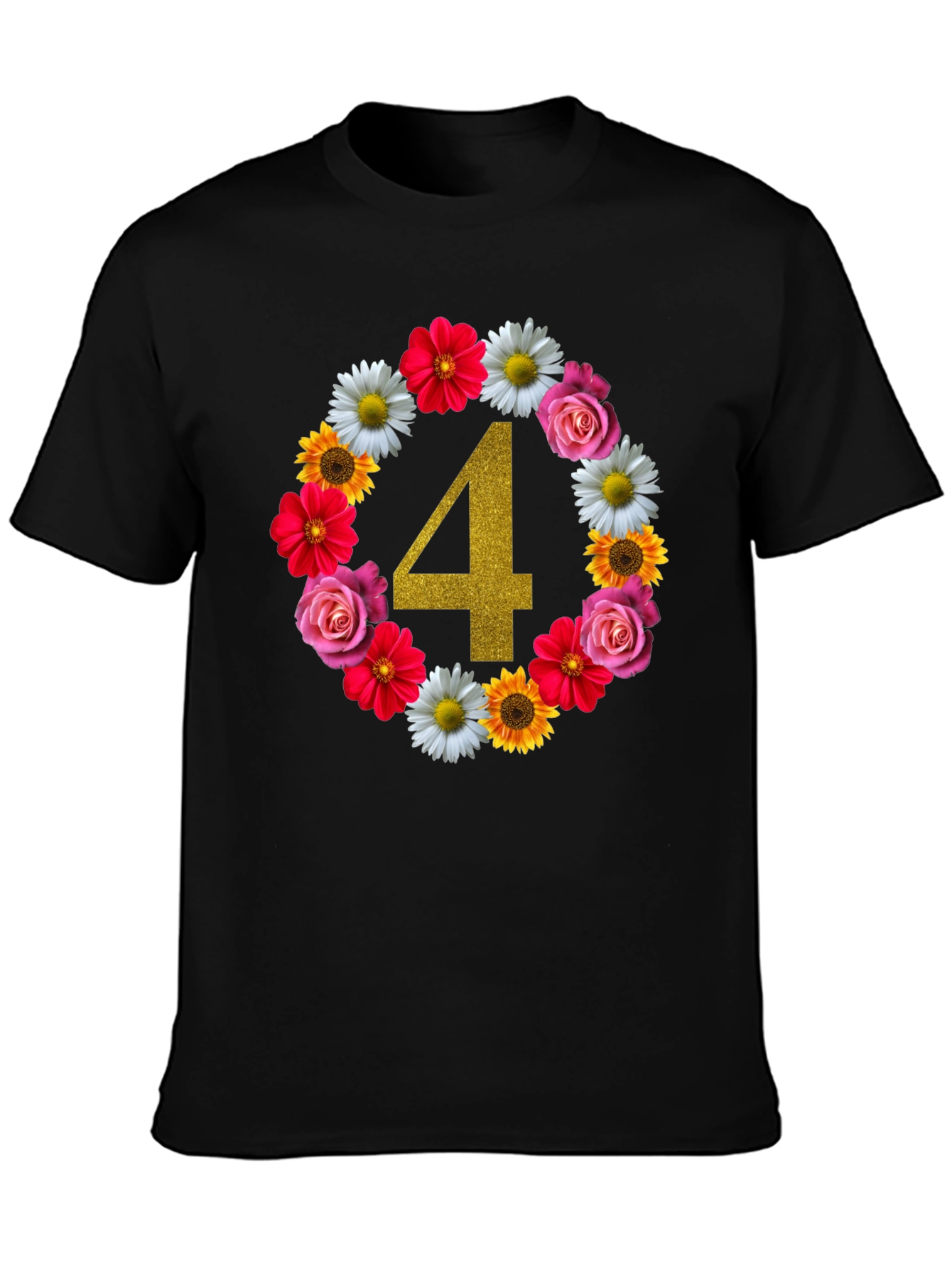 Black Floral Number 4 Birthday T-Shirt view 3