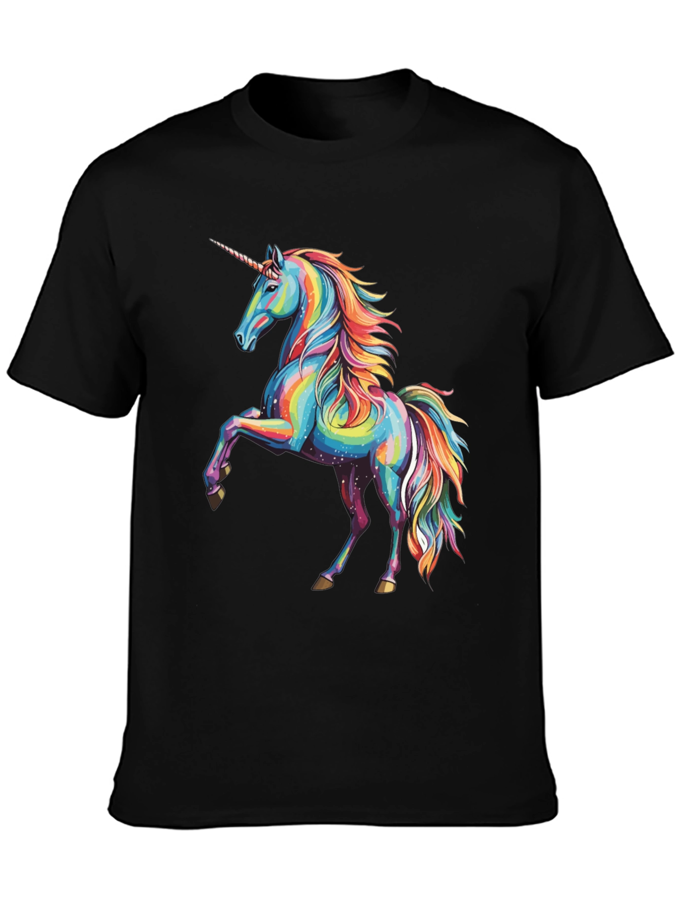 Black Rainbow Unicorn Graphic Print Crew Neck T-Shirt view 3