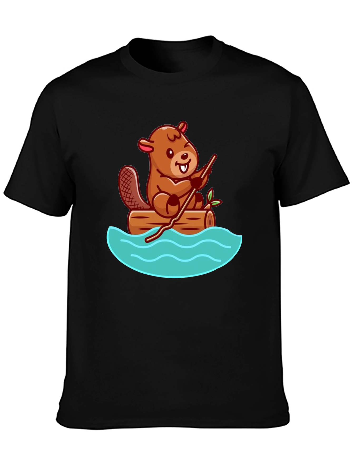 Black Beaver on Log Cartoon T-Shirt - Unisex Crew Neck view 3