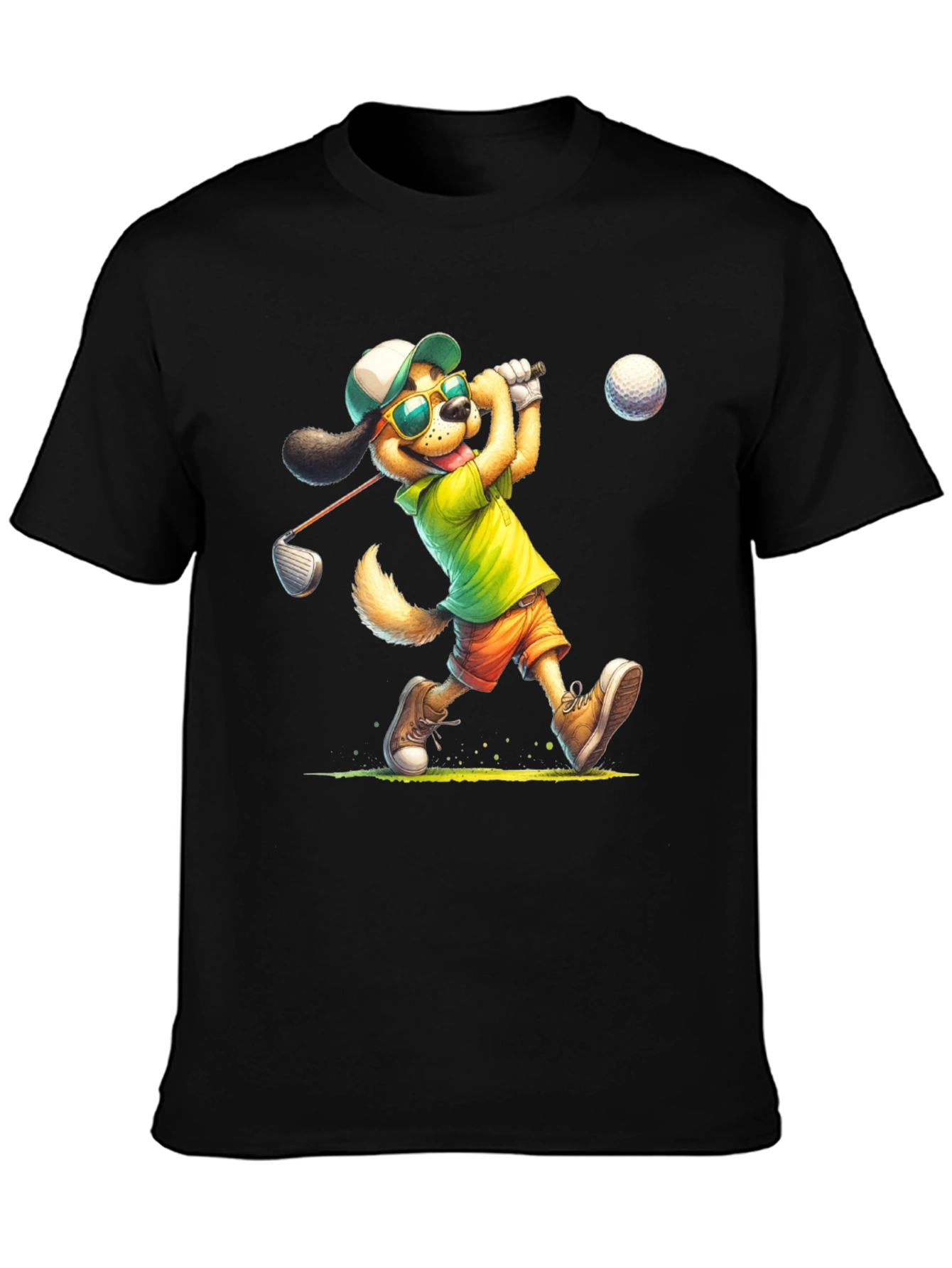 Black Cartoon Dog Golfer T-Shirt view 3