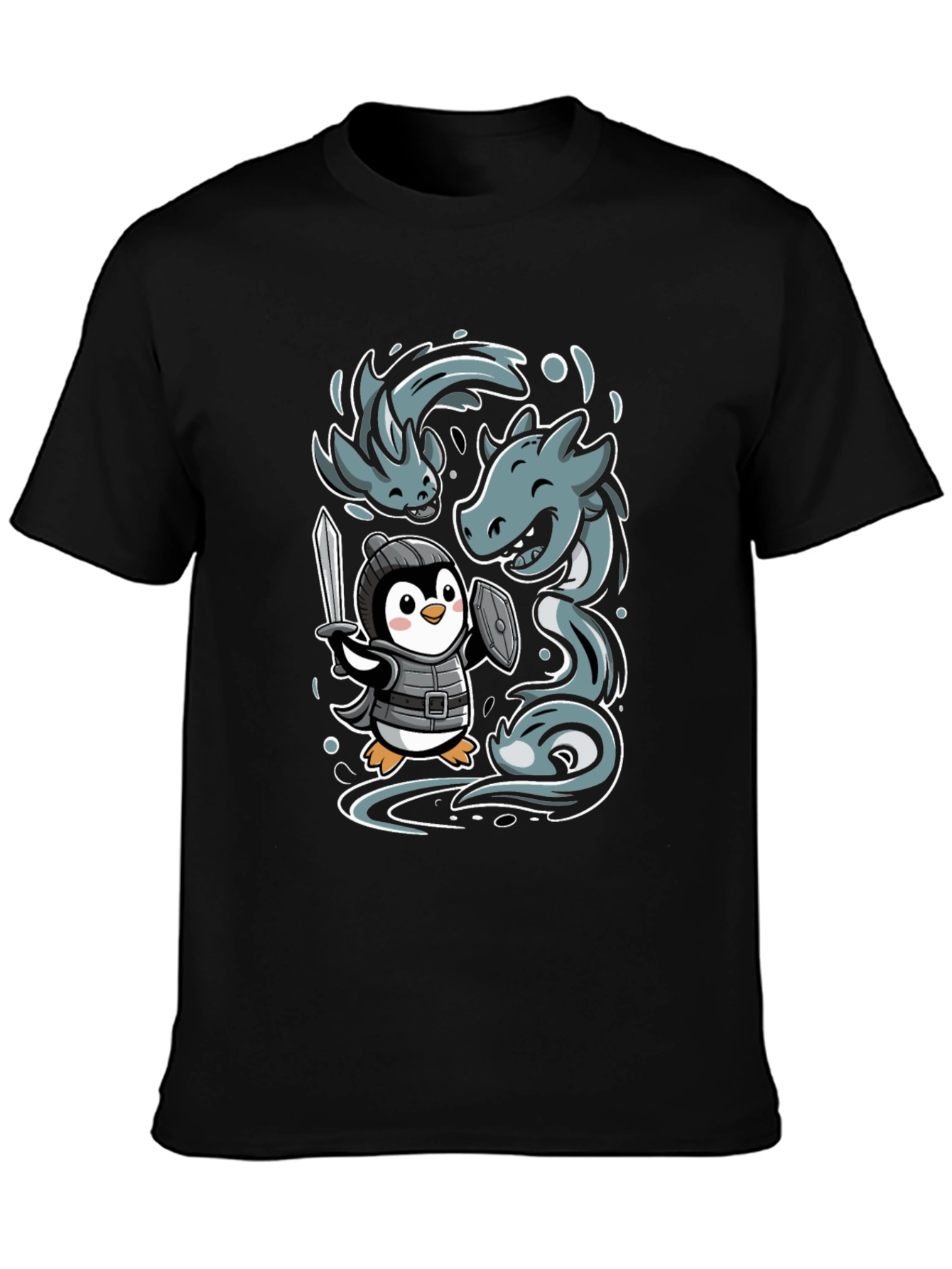 Black Penguin Knight vs Sea Serpent Graphic Tee view 3