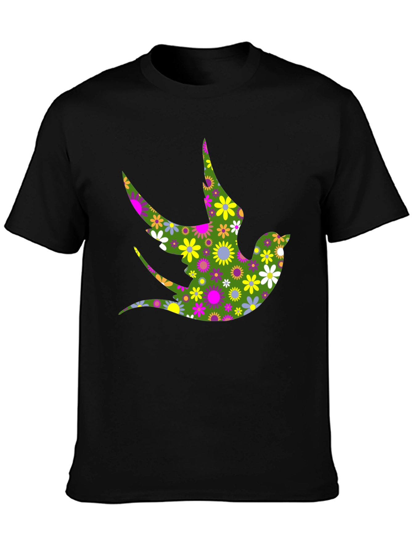Black Floral Bird Print Black T-Shirt view 3