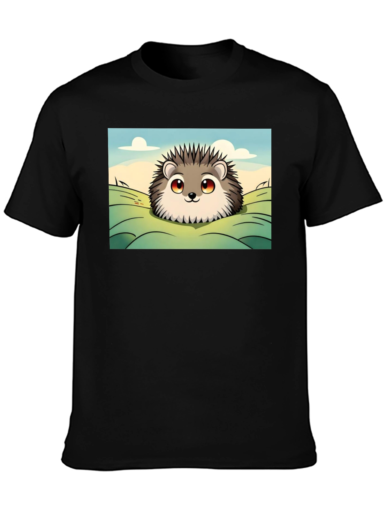 Black Cute Hedgehog Graphic Tee - Black Cotton T-Shirt view 3