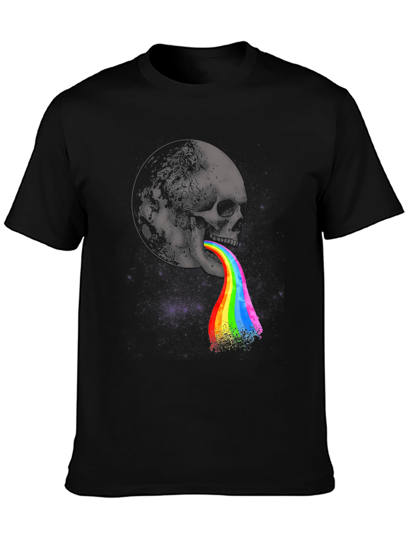 Black Skull & Moon Graphic Print Tee - Colorful Rainbow Vomit Design view 3